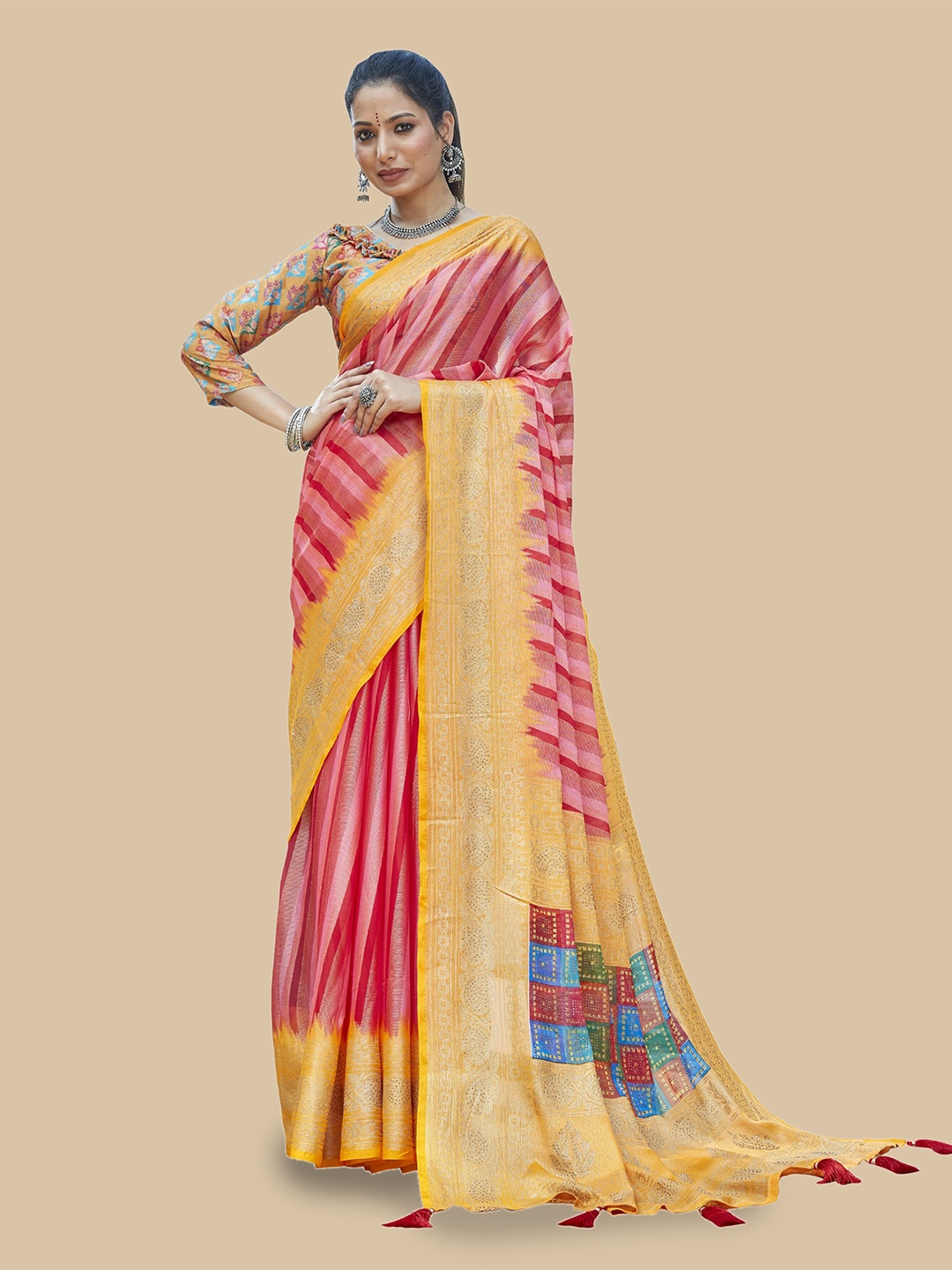 

Triveni Striped Zari Brasso Saree, Red