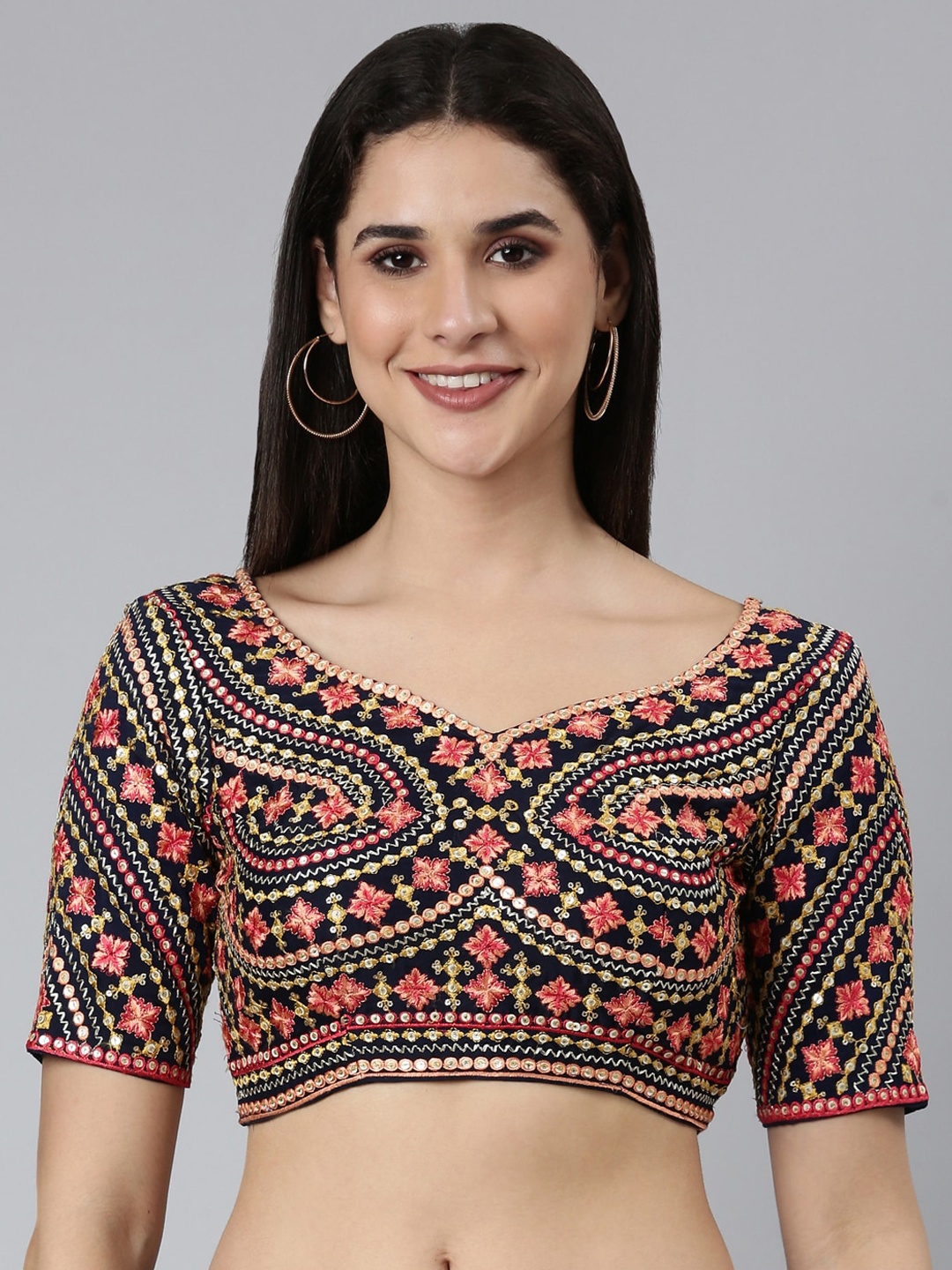 

panchhi Embroidered Saree Blouse, Navy blue
