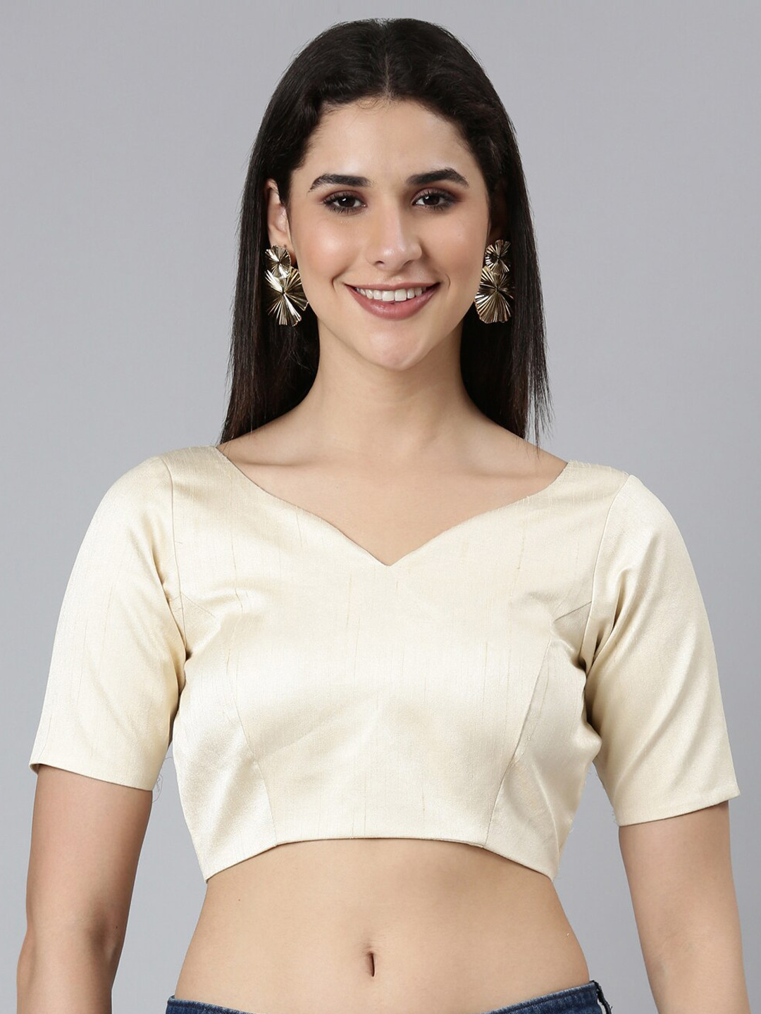 

panchhi Padded V-Neck Pure Silk Saree Blouse, Cream