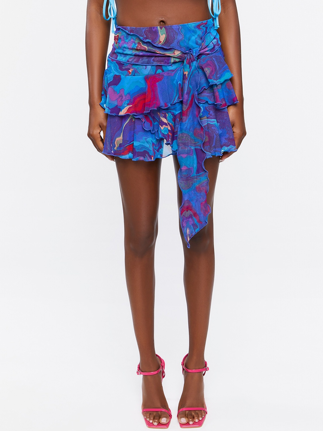 

FOREVER 21 Blue & Pink Printed A-Line Mini Layered Skirt