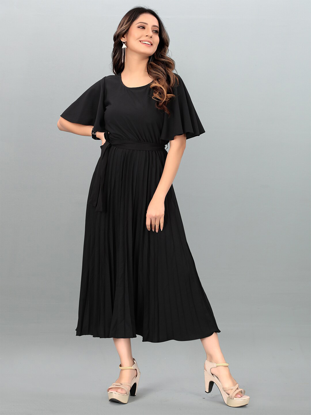 

DEKLOOK Flared Sleeve Fit & Flare Midi Dress, Black
