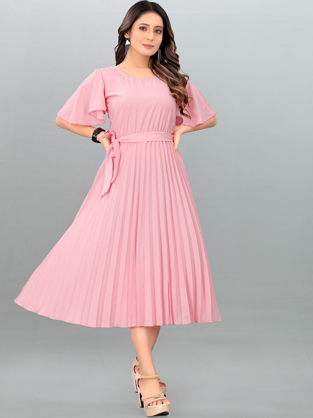

DEKLOOK Flutter Sleeves Fit & Flare Midi Dress, Pink