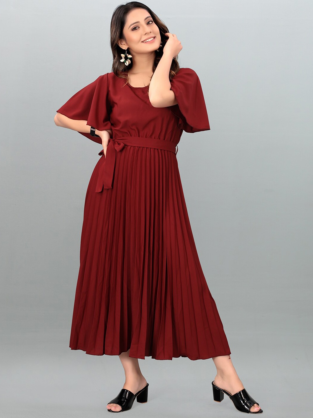 

DEKLOOK Flutter Sleeves Fit & Flare Midi Dress, Maroon