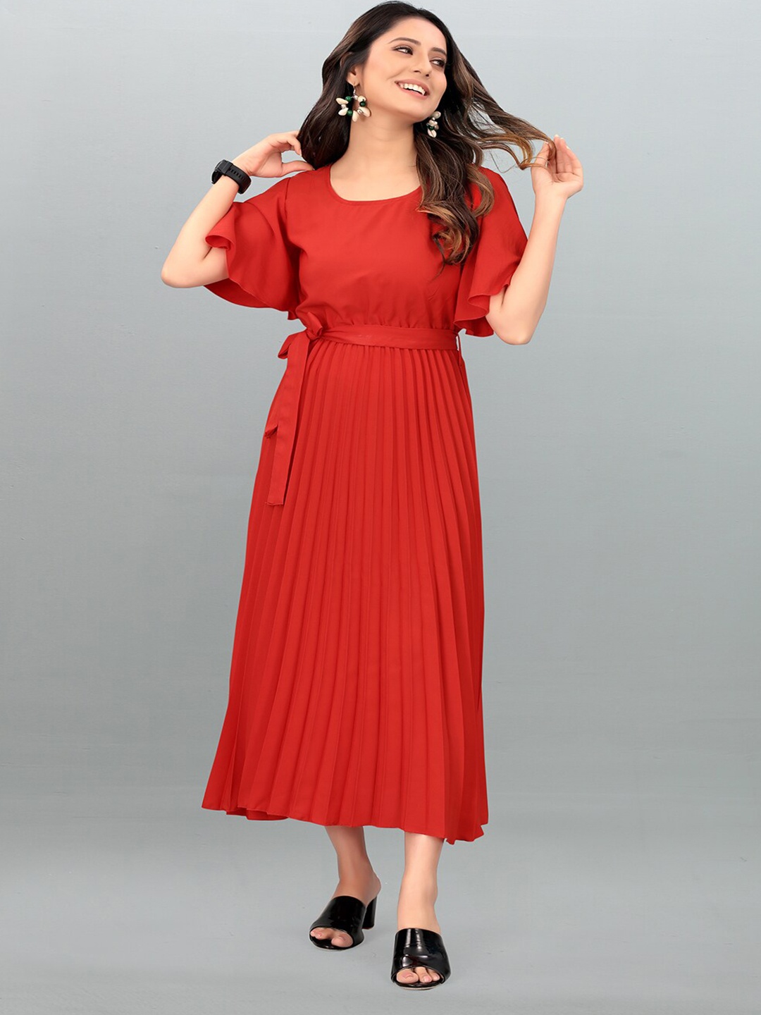 

DEKLOOK Flutter Sleeves Fit & Flare Midi Dress, Red