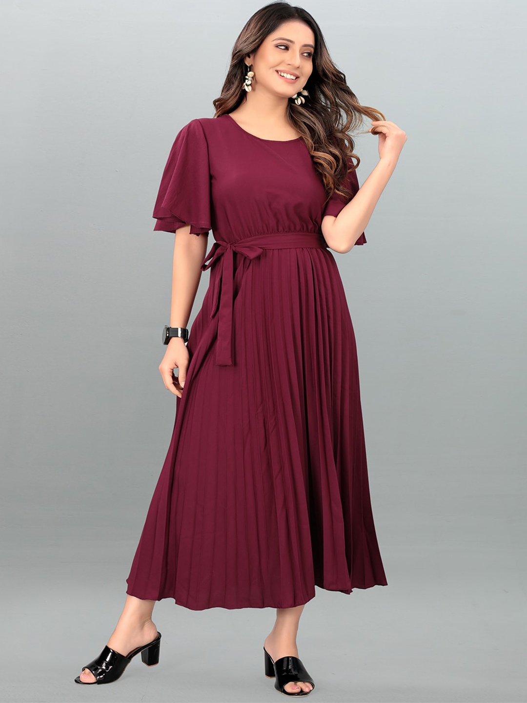 

DEKLOOK Flutter Sleeves Fit & Flare Midi Dress, Purple