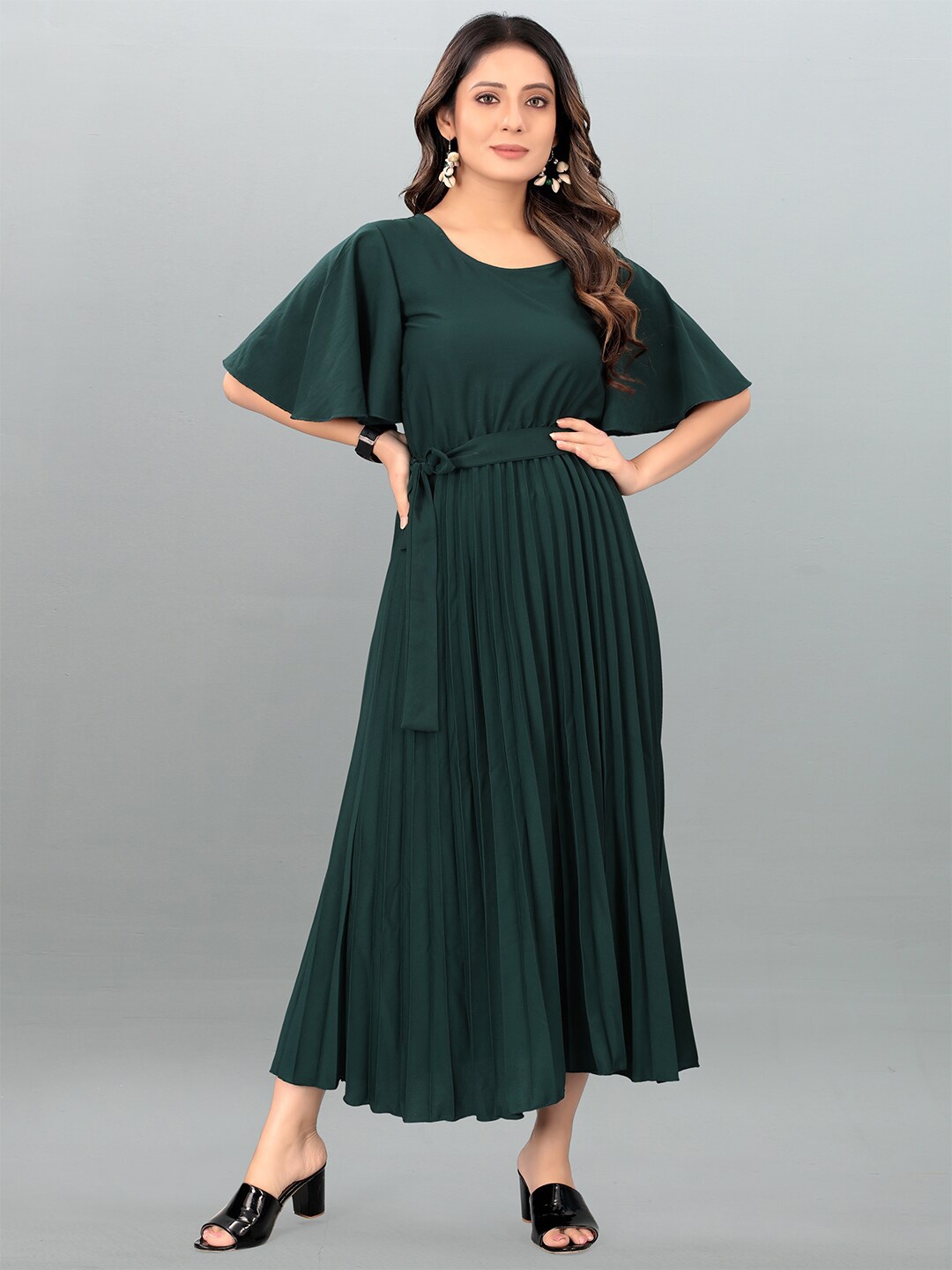 

DEKLOOK Flutter Sleeves Fit & Flare Midi Dress, Green