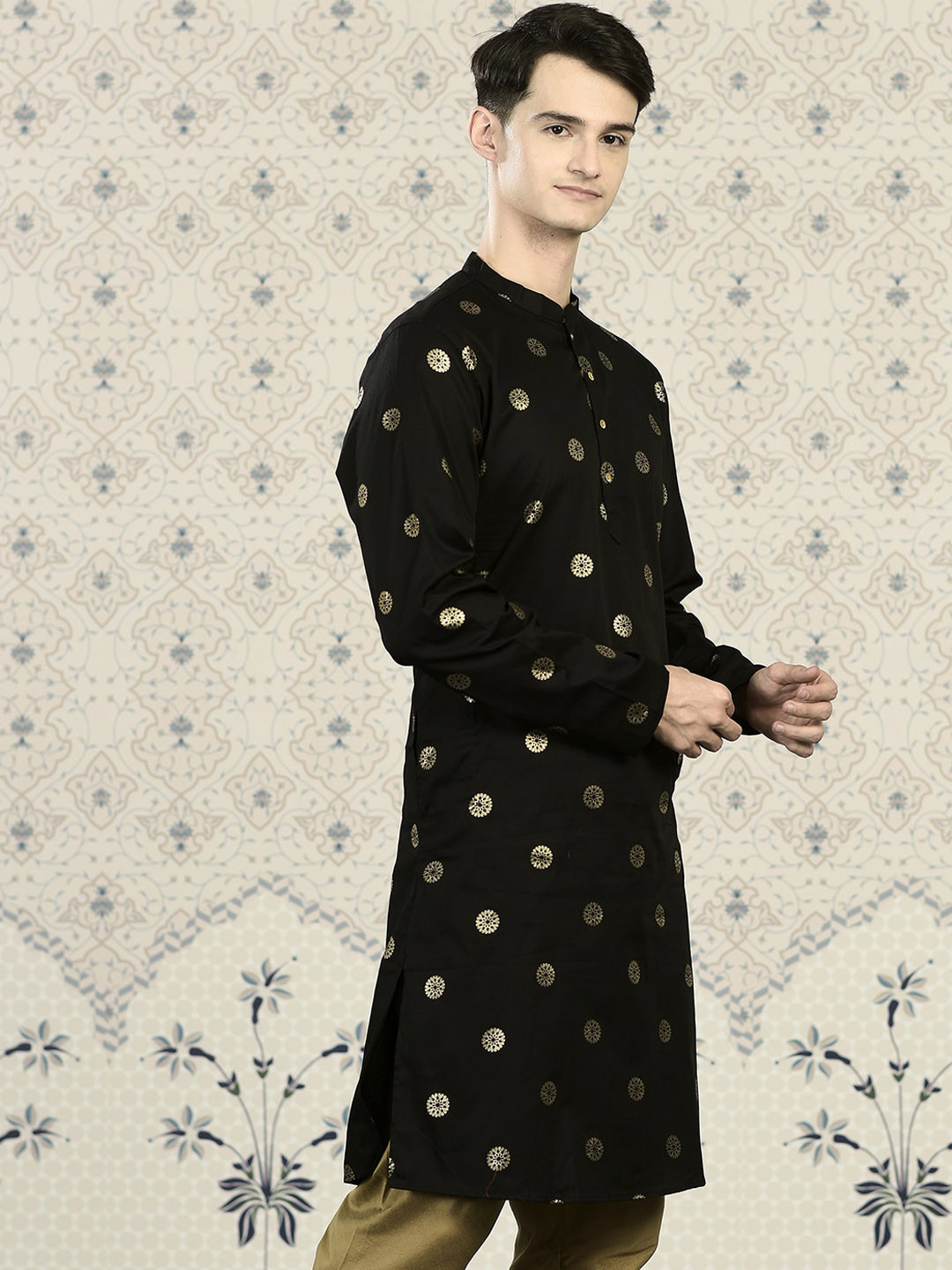 

Ode by House of Pataudi Mandarin Collar Ethnic Printed Cotton Kurta, Black