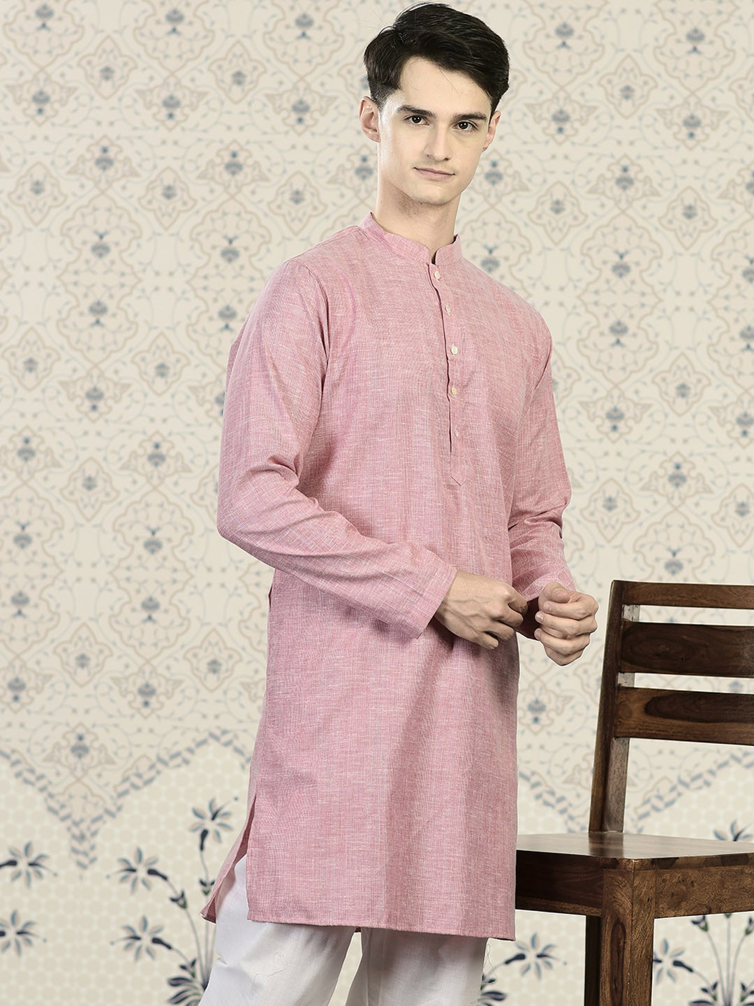 

Ode by House of Pataudi Pink Mandarin Collar Cotton Kurta