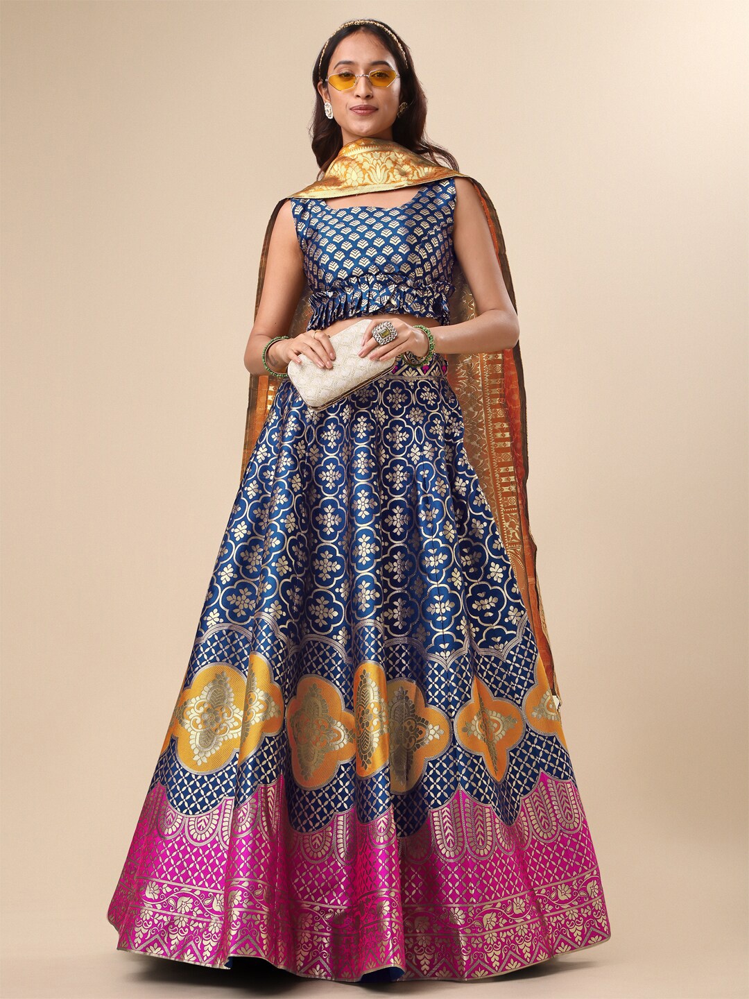 

PURVAJA Woven Design Ready to Wear Lehenga & Unstitched Blouse With Dupatta, Teal