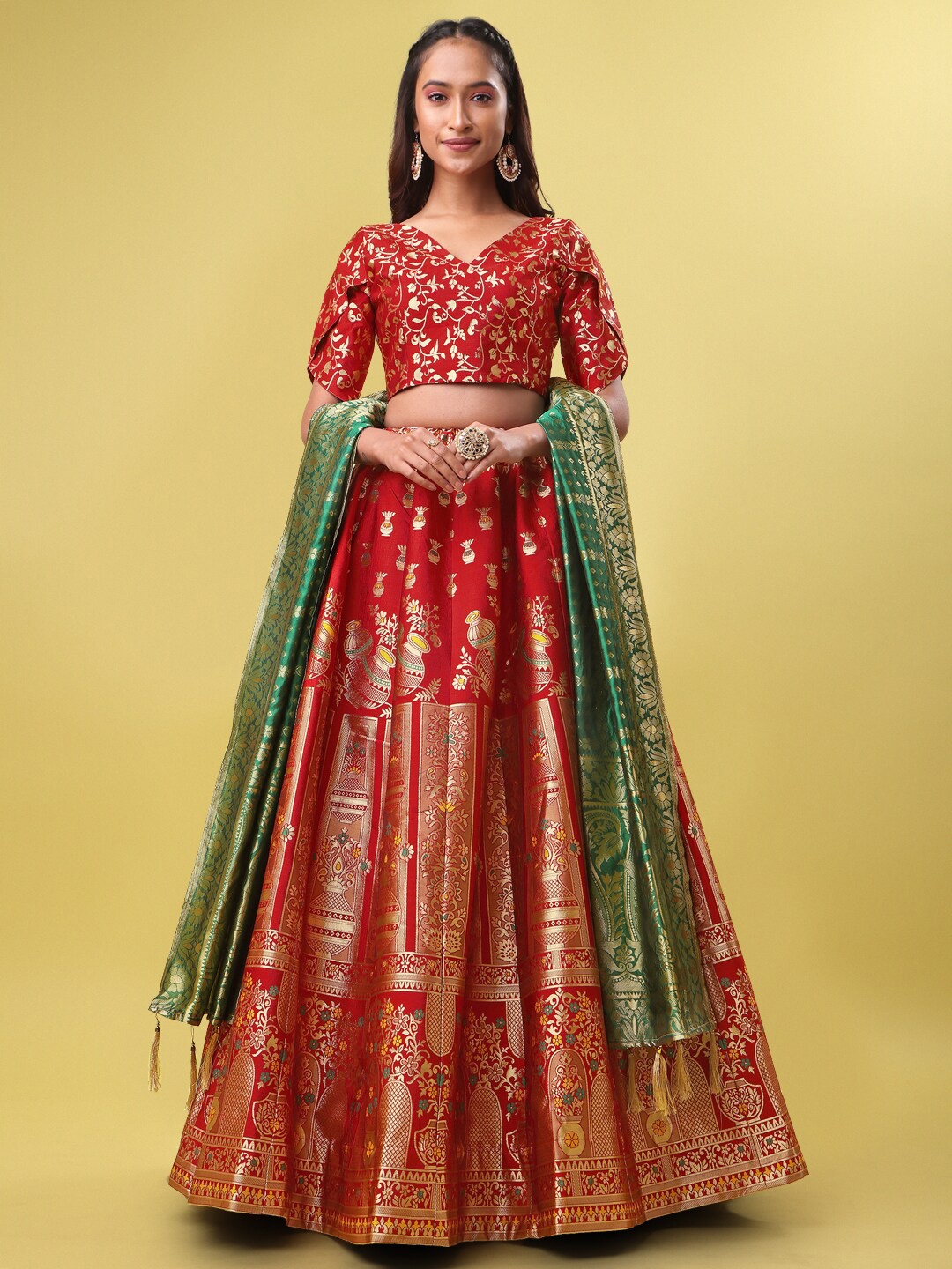 

PURVAJA Woven Design V-Neck Ready to Wear Lehenga & Unstitched Blouse With Dupatta, Red