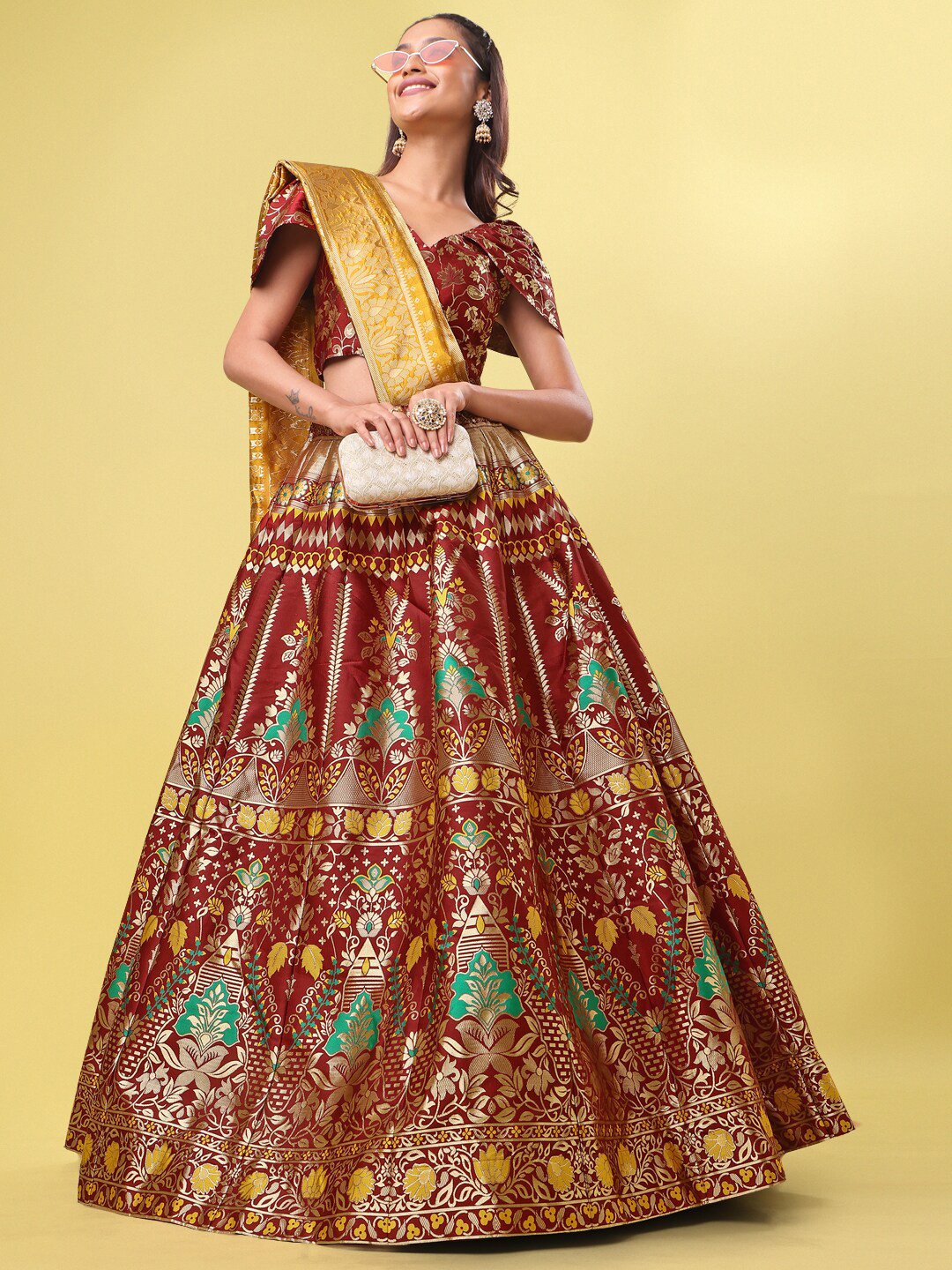 

PURVAJA Woven Design V-Neck Ready to Wear Lehenga & Unstitched Blouse With Dupatta, Maroon