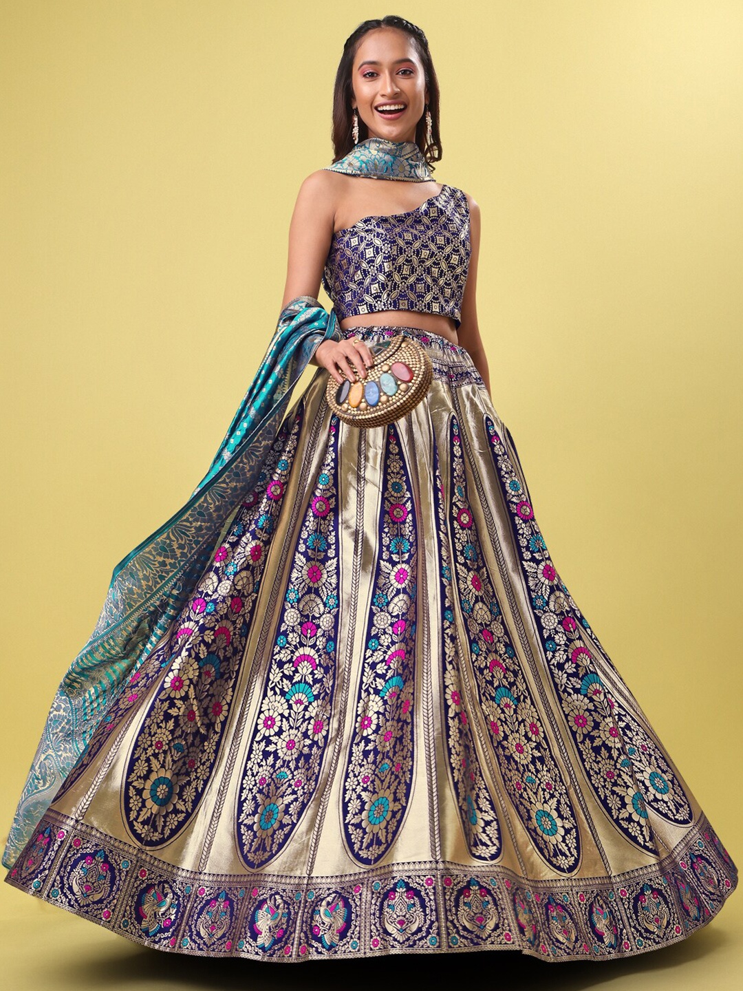 

PURVAJA Woven Design One Shoulder Ready to Wear Lehenga & Unstitched Blouse With Dupatta, Navy blue