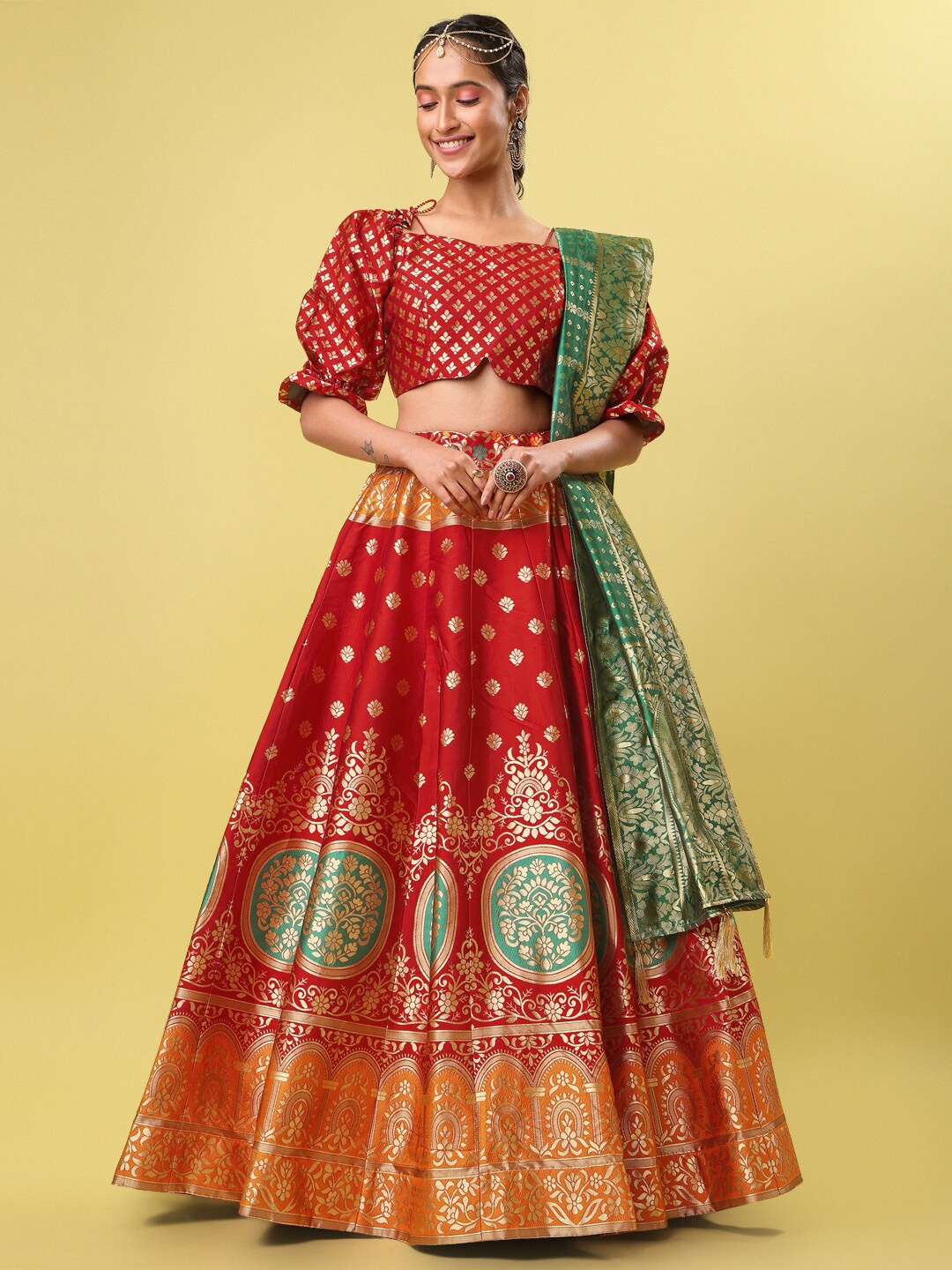 

PURVAJA Woven Design Square Neck Ready to Wear Lehenga & Unstitched Blouse With Dupatta, Red