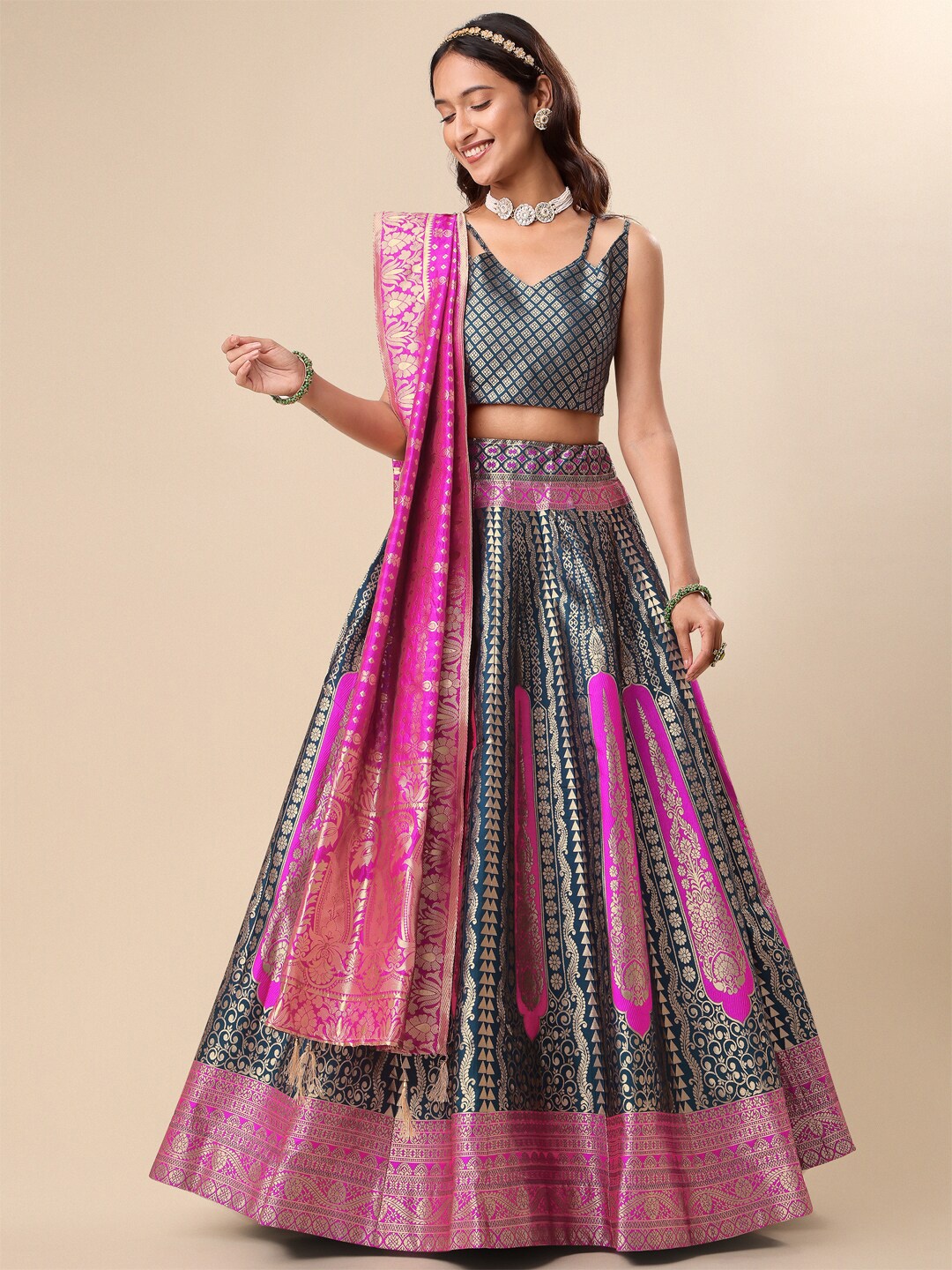 

PURVAJA Woven Design Ready to Wear Lehenga & Unstitched Blouse With Dupatta, Teal