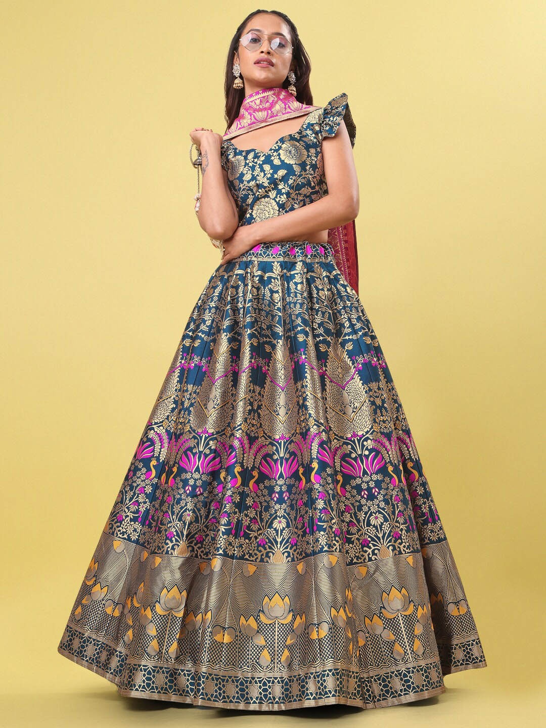 

PURVAJA Woven Design Ready to Wear Lehenga & Unstitched Blouse With Dupatta, Teal