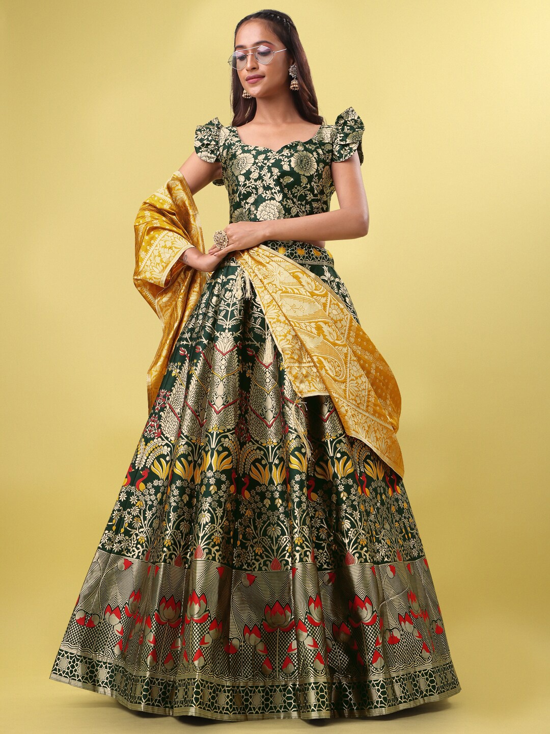 

PURVAJA Woven Design Ready to Wear Lehenga & Unstitched Blouse With Dupatta, Green