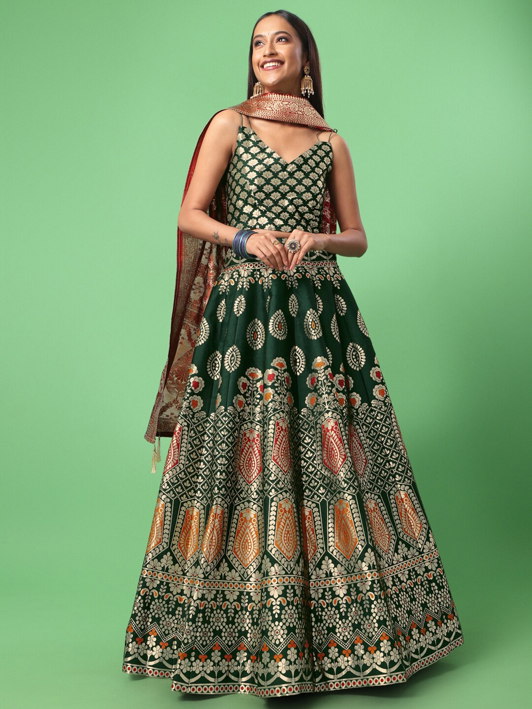 

PURVAJA Woven Design Ready to Wear Lehenga & Unstitched Blouse With Dupatta, Green