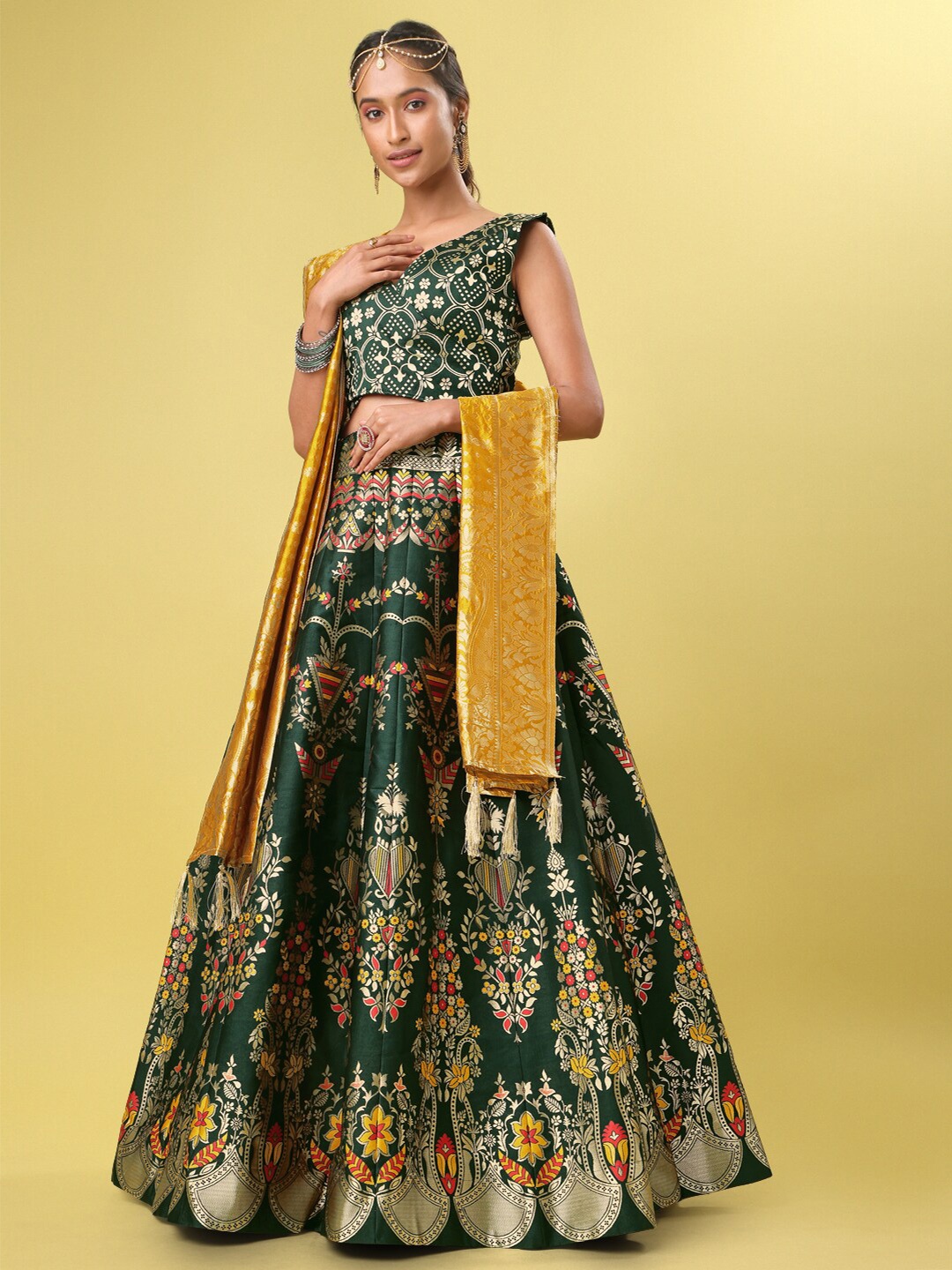

PURVAJA Woven Design Ready to Wear Lehenga & Unstitched Blouse With Dupatta, Green