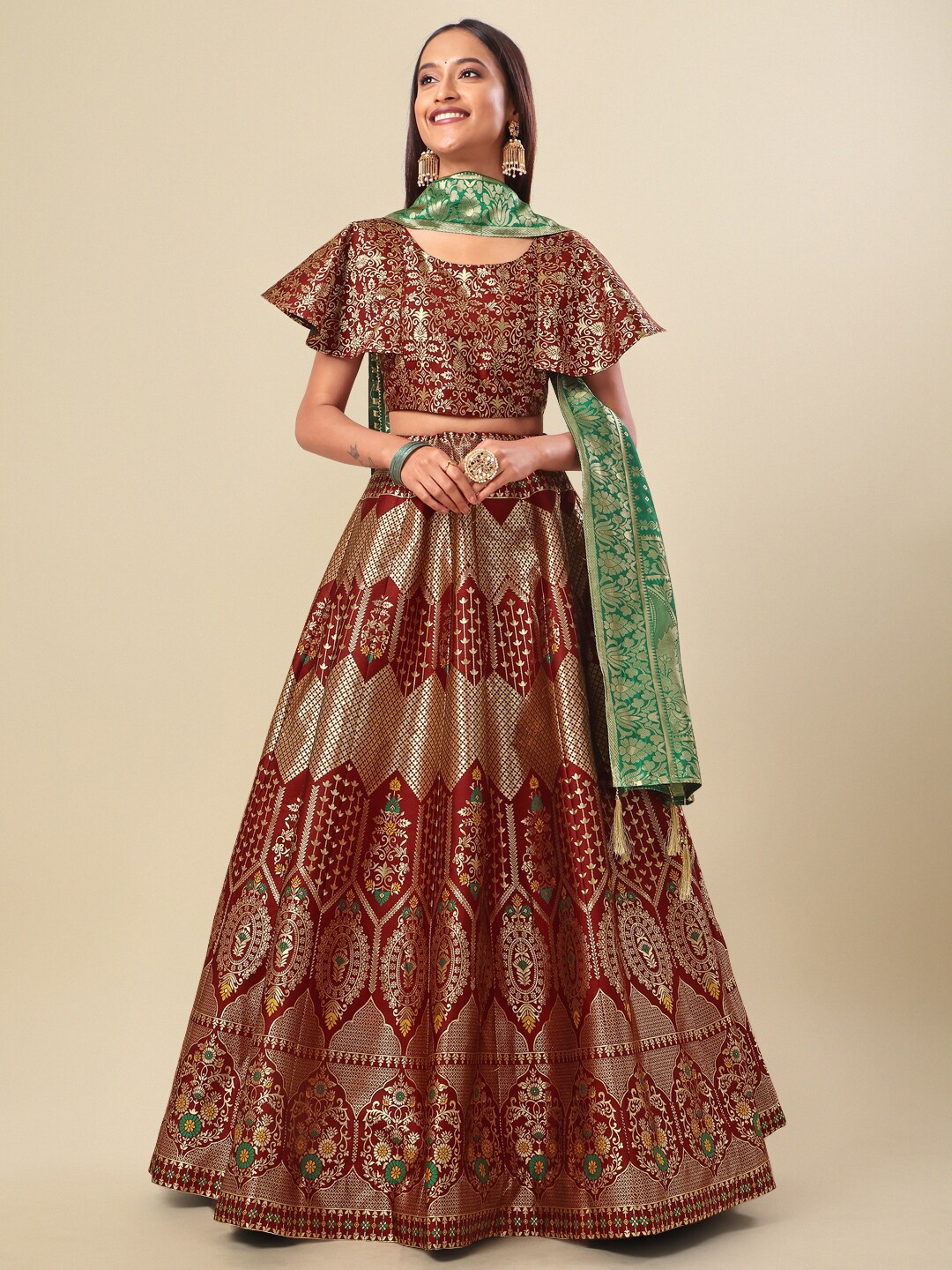 

PURVAJA Woven Design Ready to Wear Lehenga & Unstitched Blouse With Dupatta, Maroon