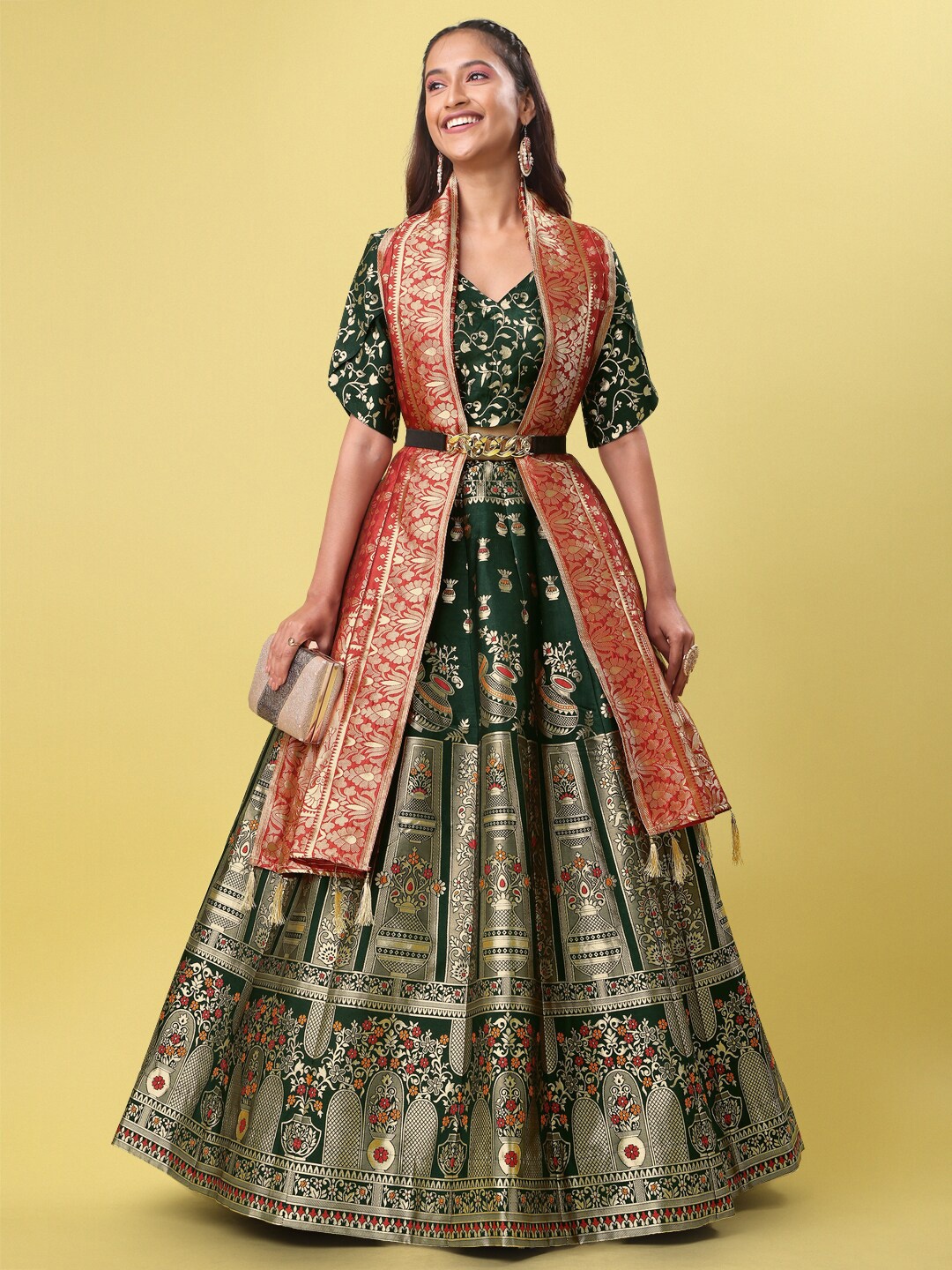 

PURVAJA Woven Design Ready to Wear Lehenga & Unstitched Blouse With Dupatta, Green