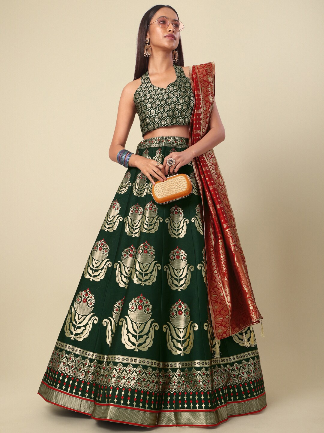 

PURVAJA Woven Design Ready to Wear Lehenga & Unstitched Blouse With Dupatta, Green