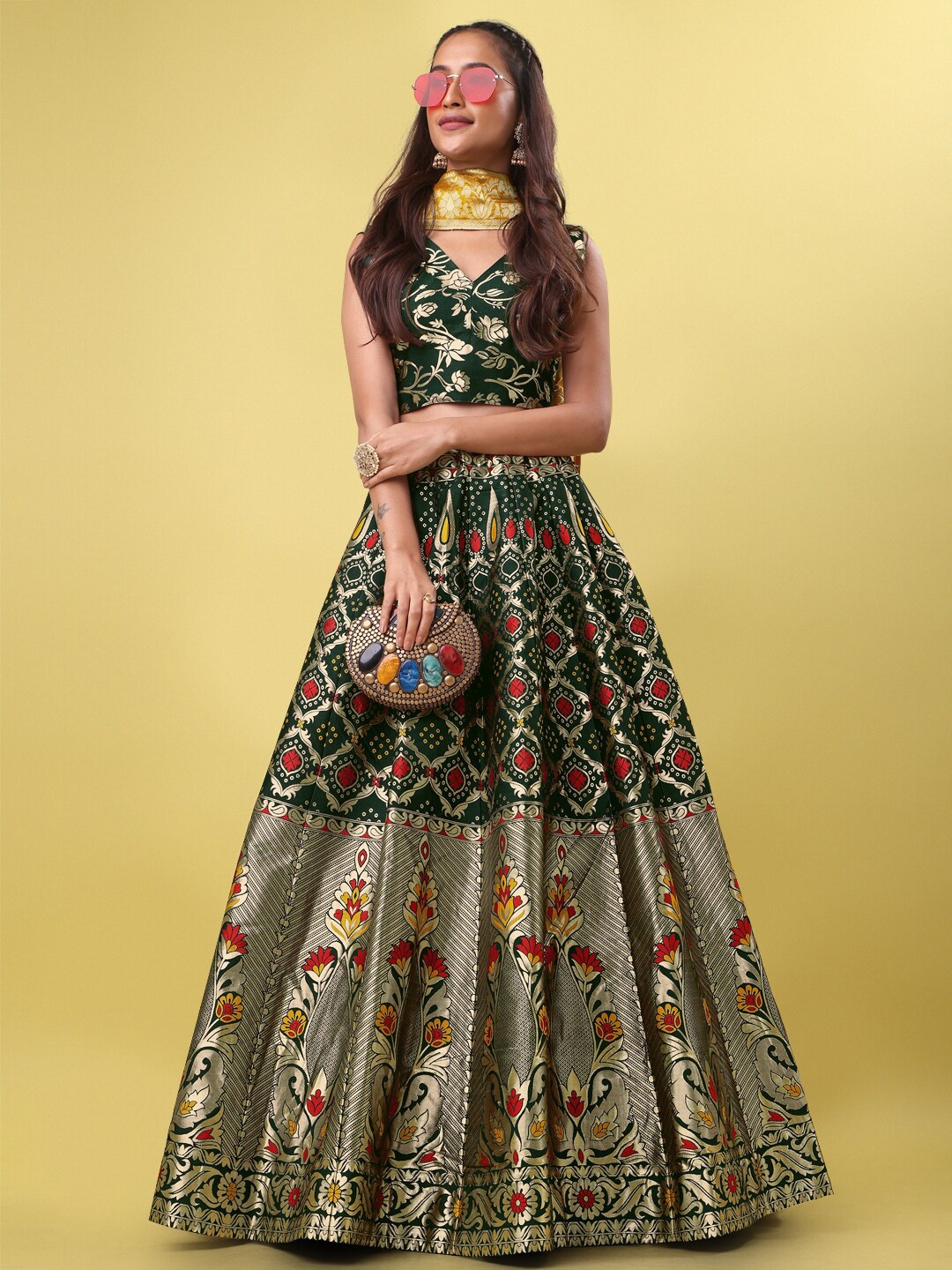 

PURVAJA Woven Design Ready to Wear Lehenga & Unstitched Blouse With Dupatta, Green