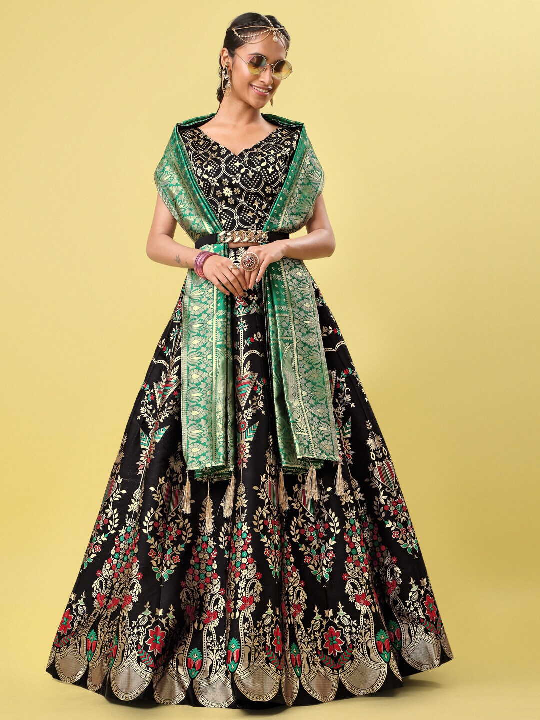 

PURVAJA Woven Design Ready to Wear Lehenga & Unstitched Blouse With Dupatta, Black