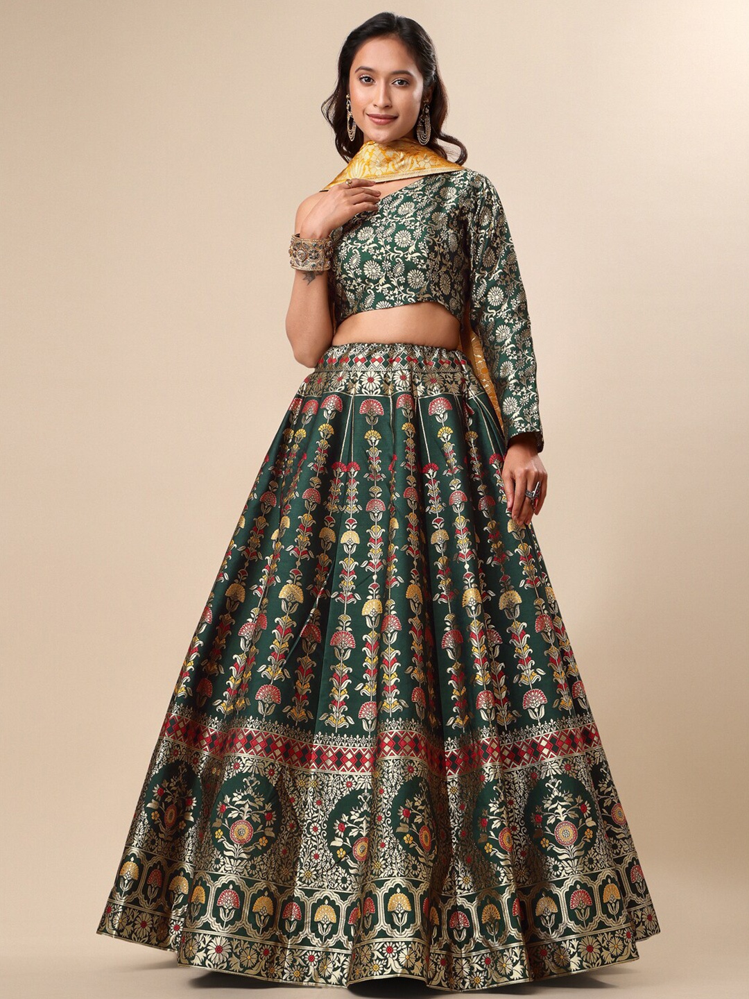

PURVAJA Woven Design Ready to Wear Lehenga & Unstitched Blouse With Dupatta, Green