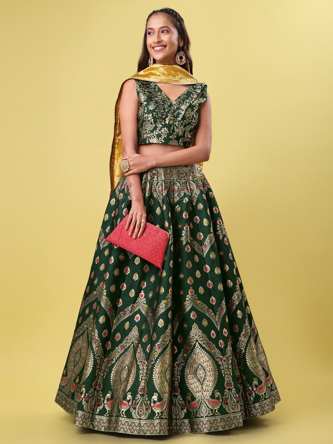 

PURVAJA Woven Design Ready to Wear Lehenga & Unstitched Blouse With Dupatta, Green