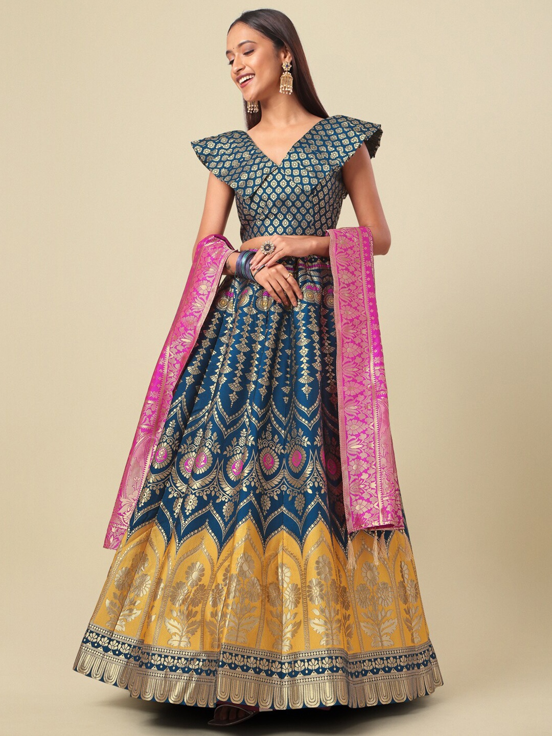 

PURVAJA Woven Design Ready to Wear Lehenga & Unstitched Blouse With Dupatta, Teal