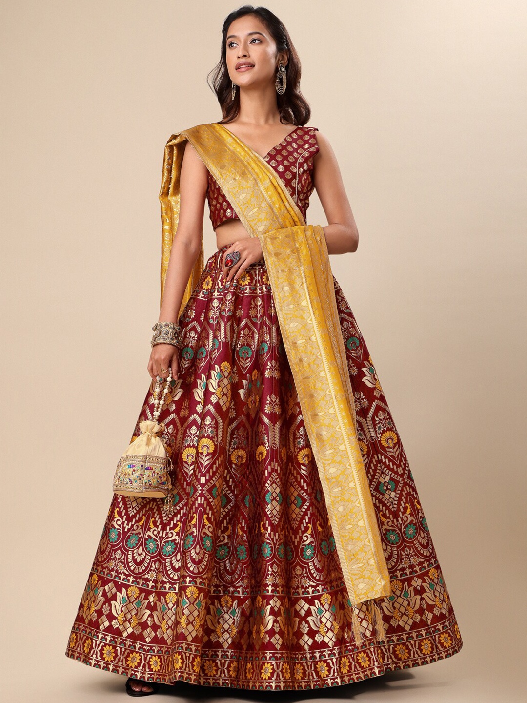 

PURVAJA Woven Design Ready to Wear Lehenga & Unstitched Blouse With Dupatta, Maroon