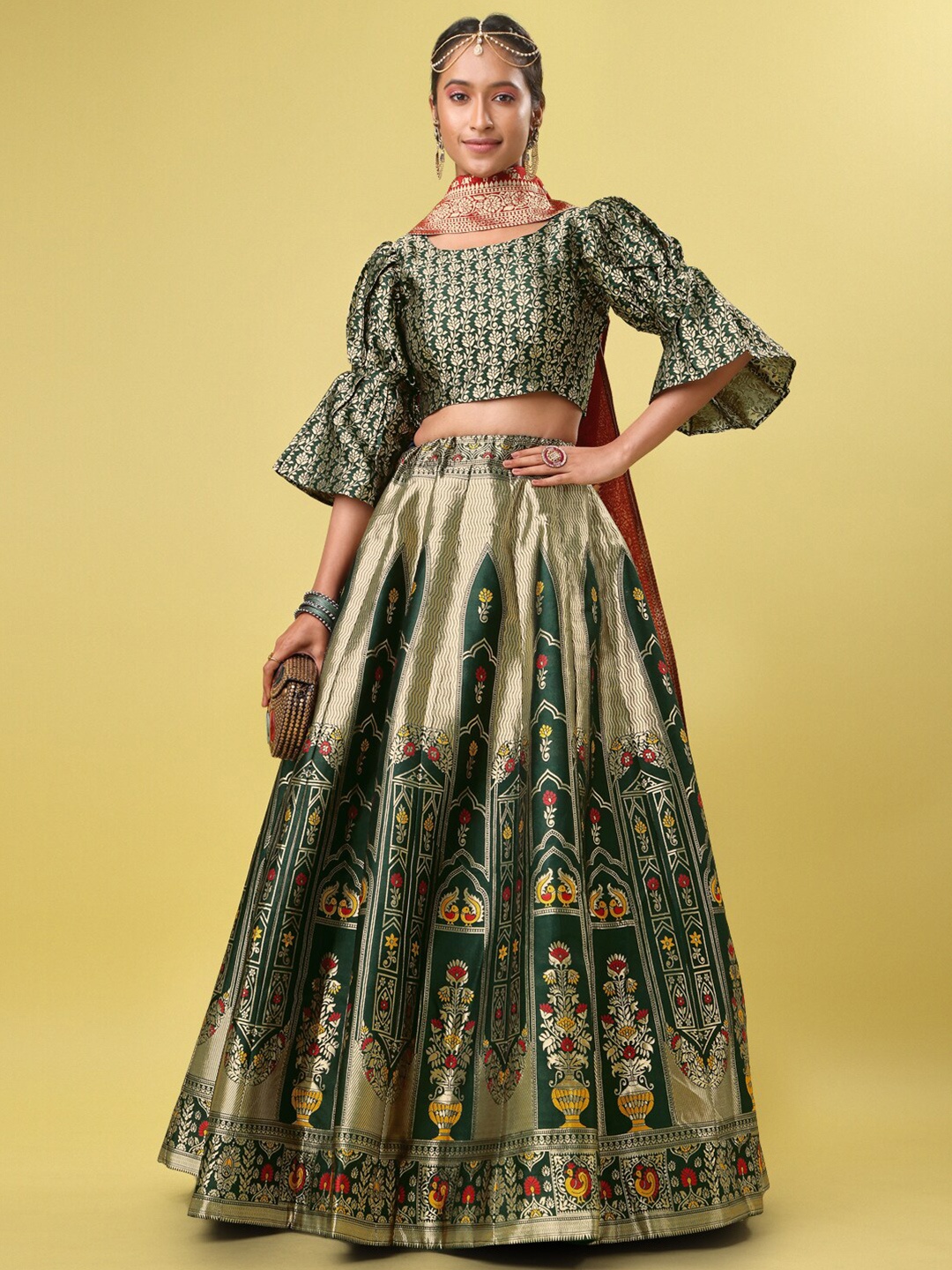 

PURVAJA Woven Design Ready to Wear Lehenga & Unstitched Blouse With Dupatta, Green