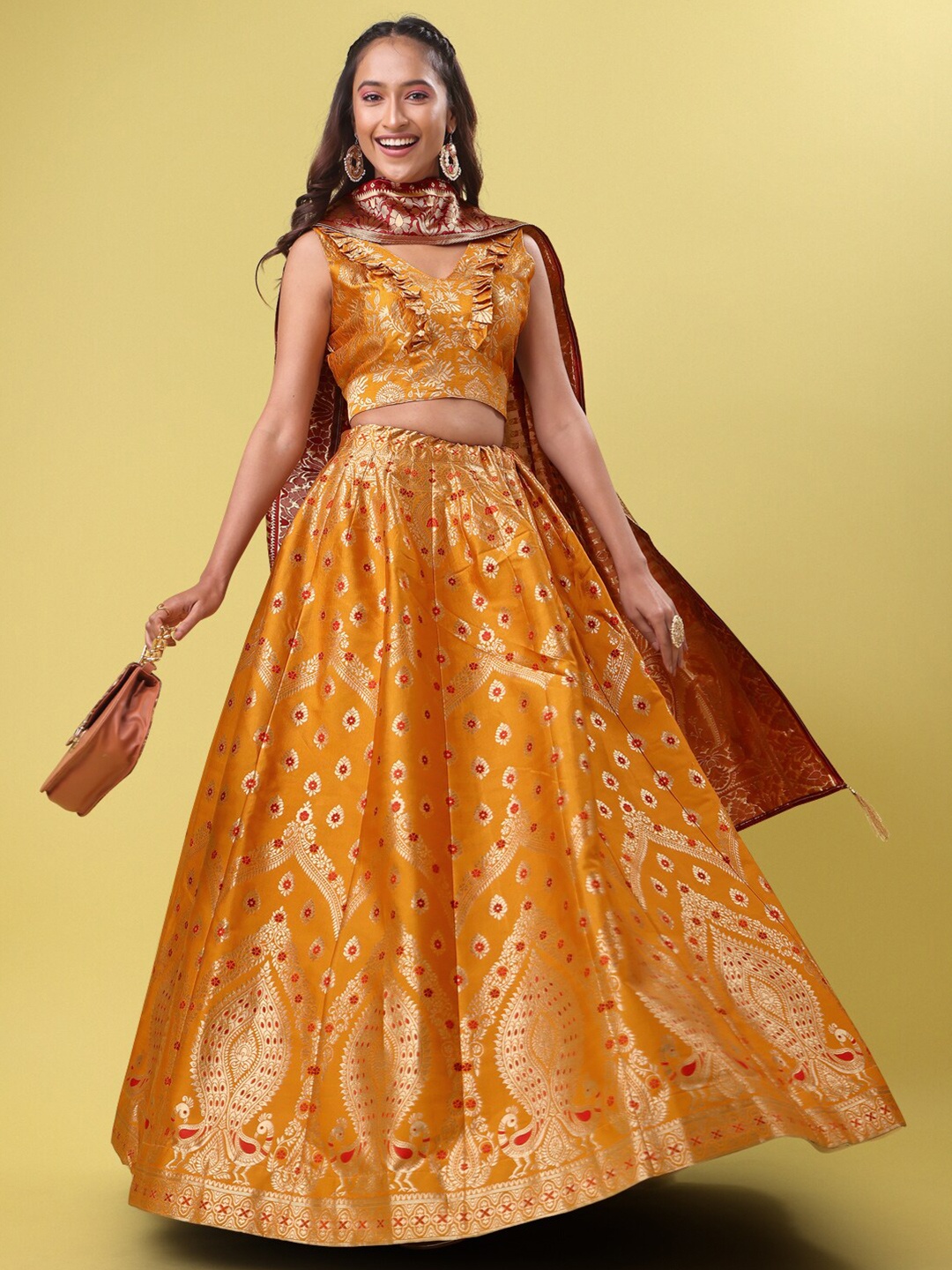 

PURVAJA Woven Design Ready to Wear Lehenga & Unstitched Blouse With Dupatta, Yellow