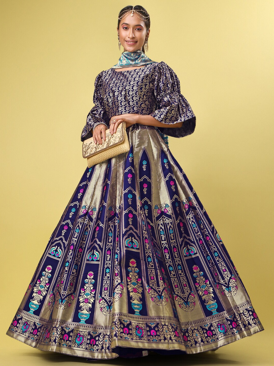 

PURVAJA Woven Design Ready to Wear Lehenga & Unstitched Blouse With Dupatta, Navy blue