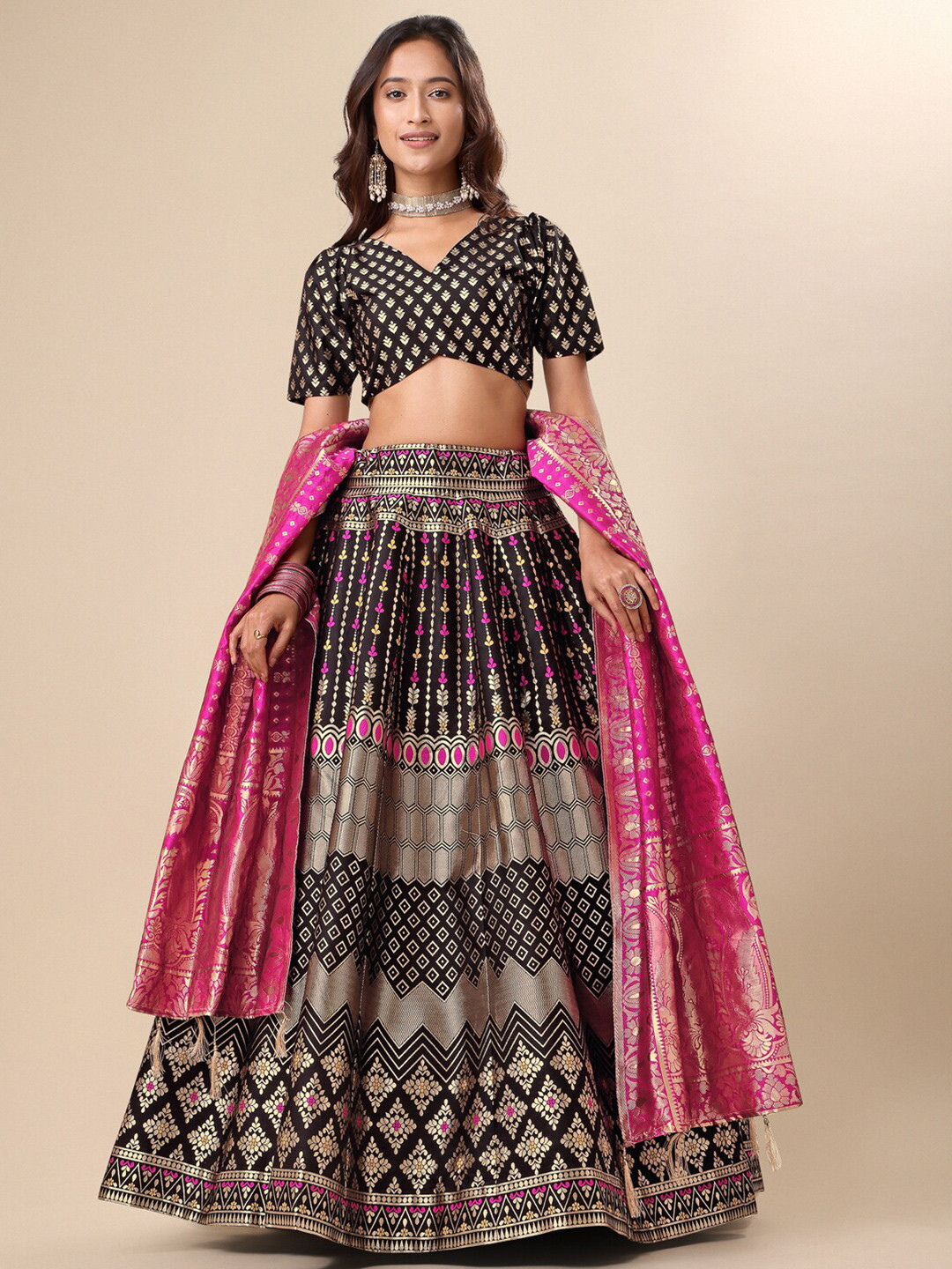 

PURVAJA Woven Design Ready to Wear Lehenga & Unstitched Blouse With Dupatta, Black