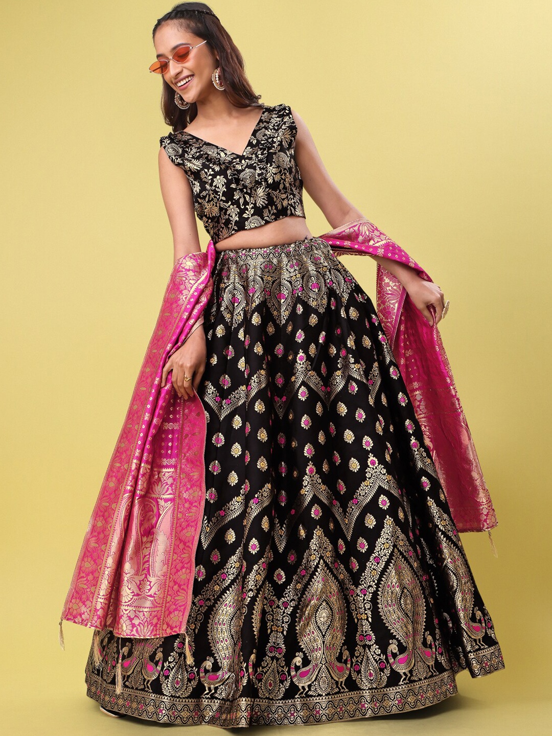 

PURVAJA Woven Design Ready to Wear Lehenga & Unstitched Blouse With Dupatta, Black