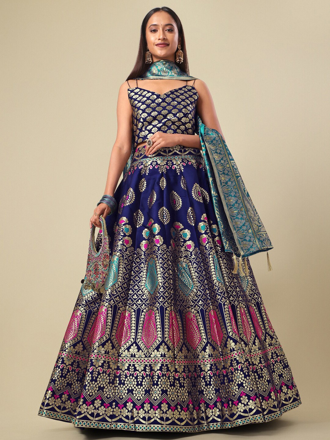 

PURVAJA Woven Design Ready to Wear Lehenga & Unstitched Blouse With Dupatta, Navy blue