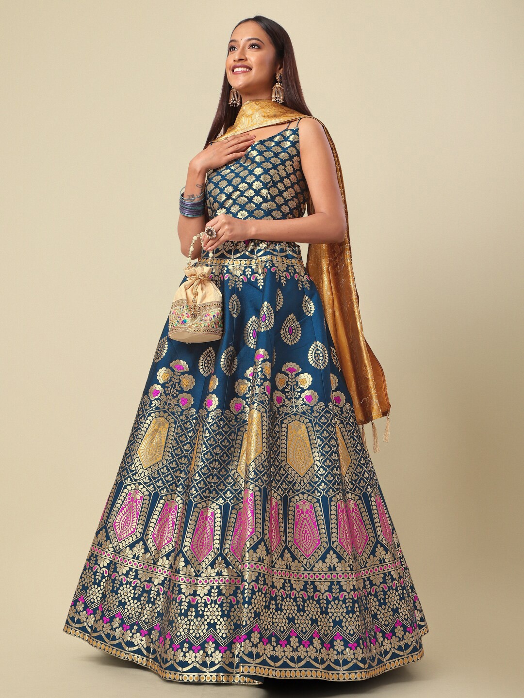 

PURVAJA Woven Design Ready to Wear Lehenga & Unstitched Blouse With Dupatta, Teal