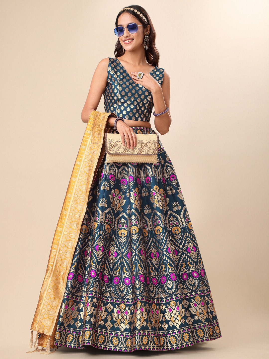 

PURVAJA Woven Design Ready to Wear Lehenga & Unstitched Blouse With Dupatta, Teal
