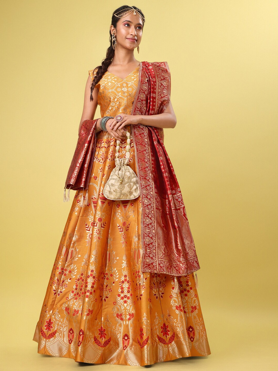 

PURVAJA Woven Design Ready to Wear Lehenga & Unstitched Blouse With Dupatta, Yellow