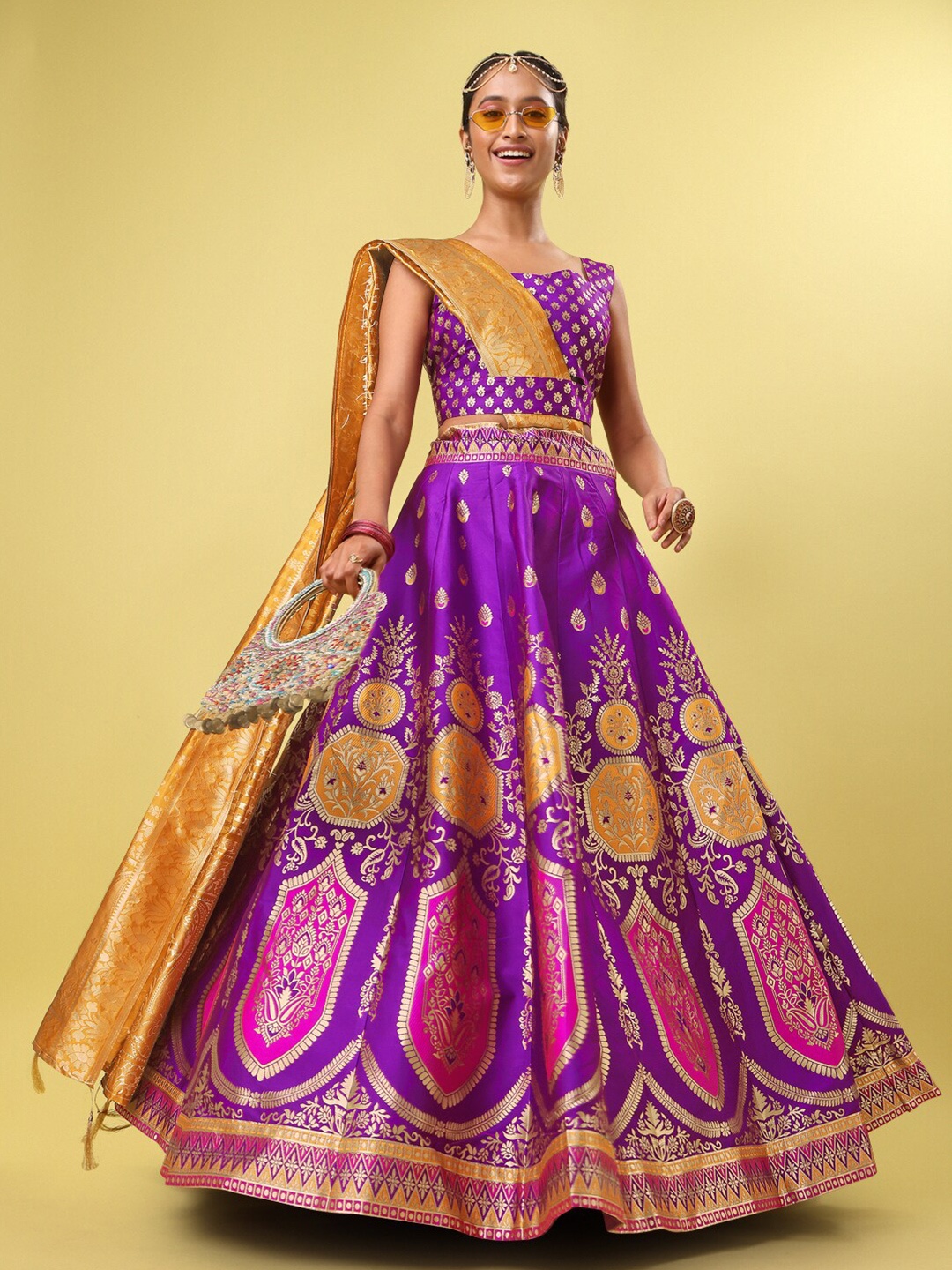 

PURVAJA Woven Design Ready to Wear Lehenga & Unstitched Blouse With Dupatta, Magenta
