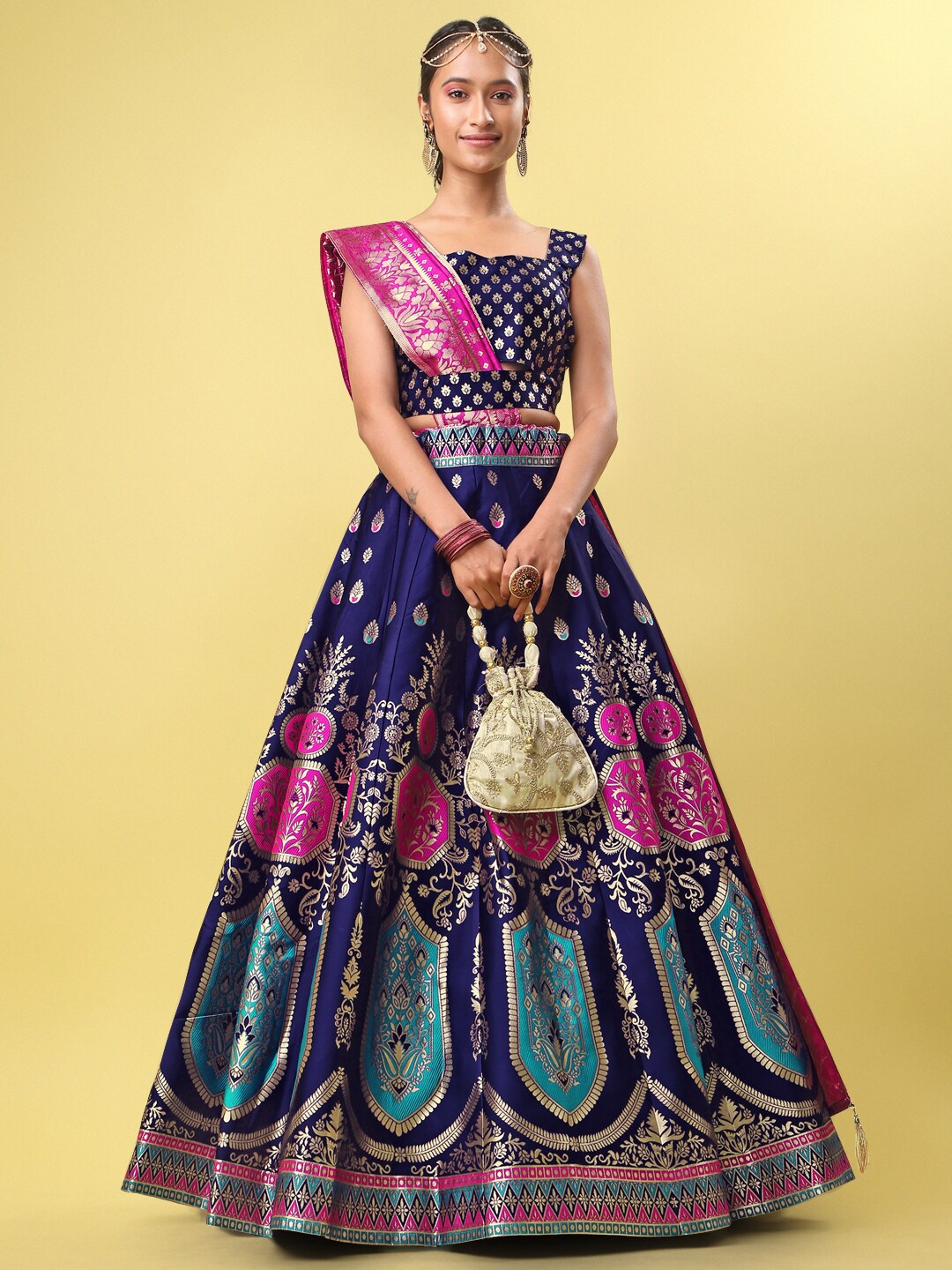 

PURVAJA Woven Design Ready to Wear Lehenga & Unstitched Blouse With Dupatta, Navy blue