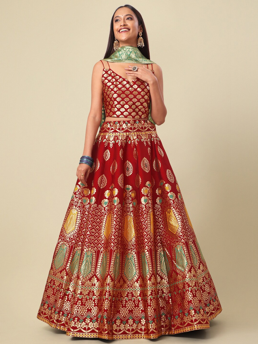 

PURVAJA Woven Design Ready to Wear Lehenga & Unstitched Blouse With Dupatta, Maroon