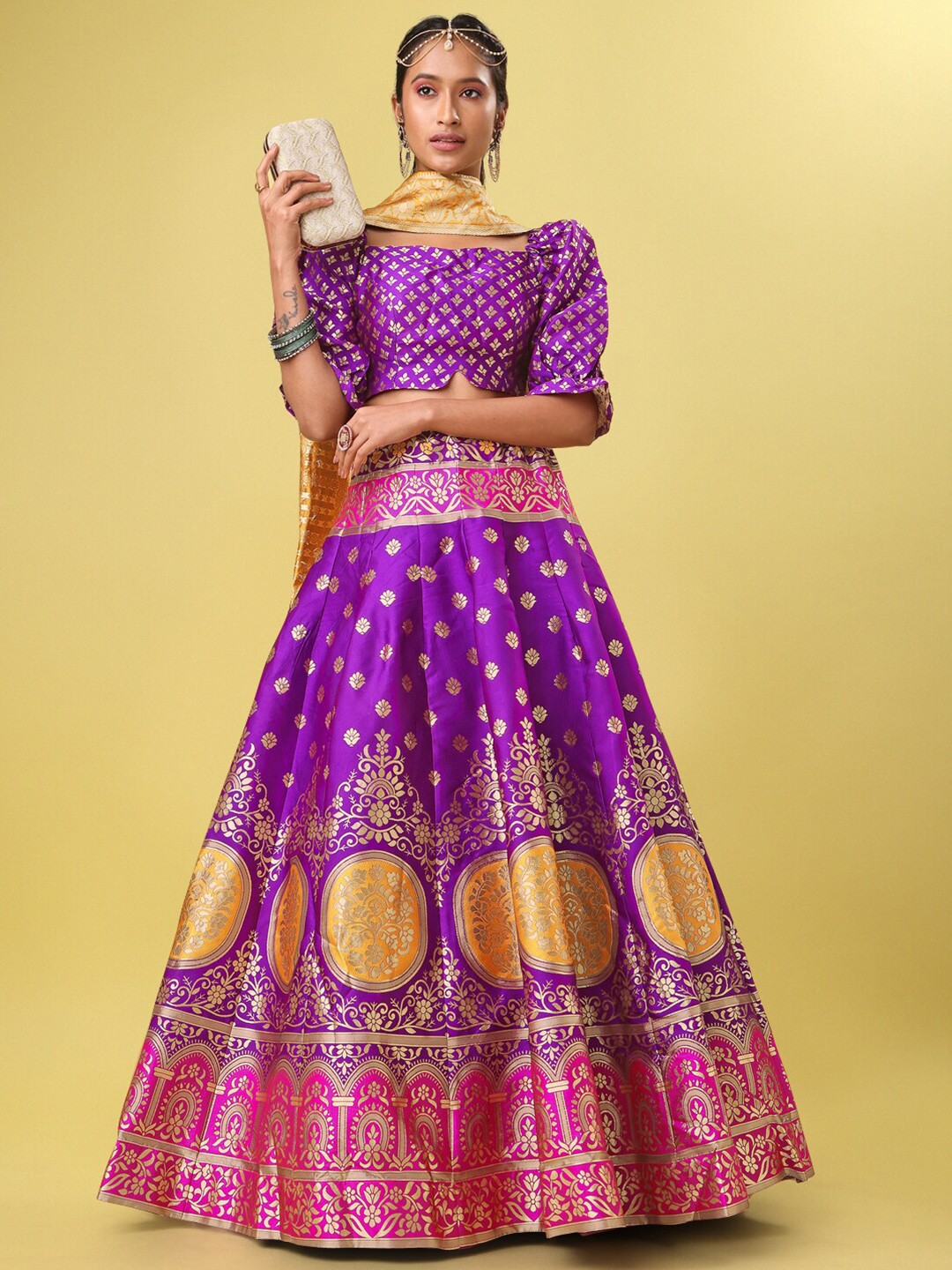 

PURVAJA Woven Design Ready to Wear Lehenga & Unstitched Blouse With Dupatta, Magenta