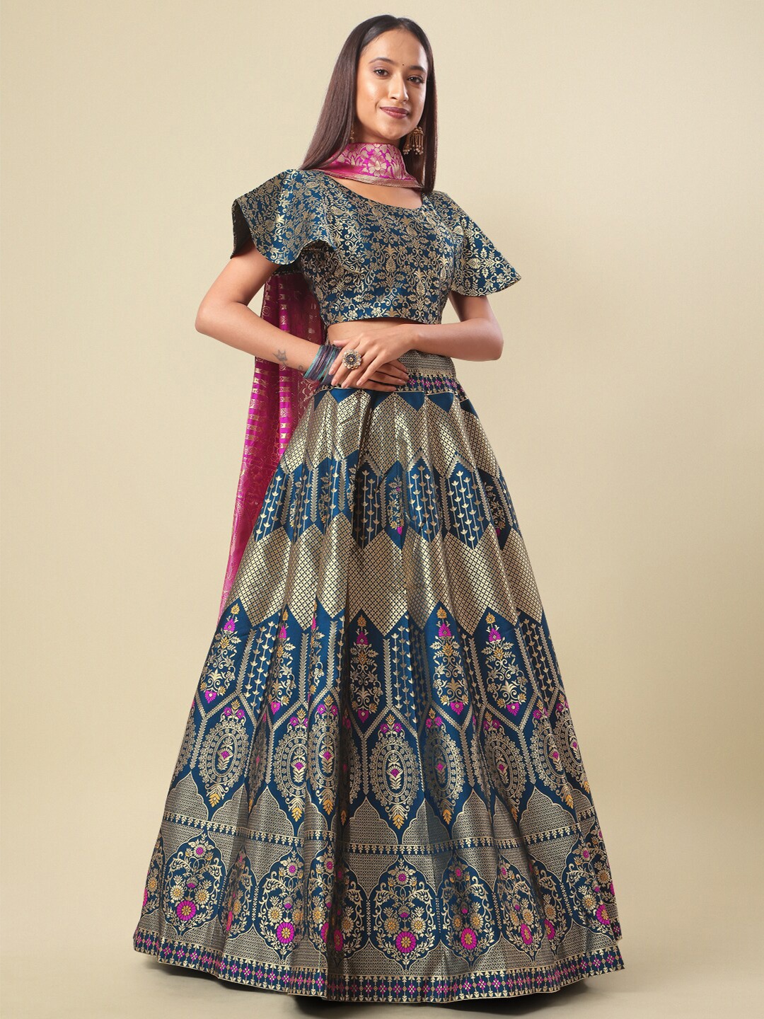 

PURVAJA Woven Design Ready to Wear Lehenga & Unstitched Blouse With Dupatta, Teal