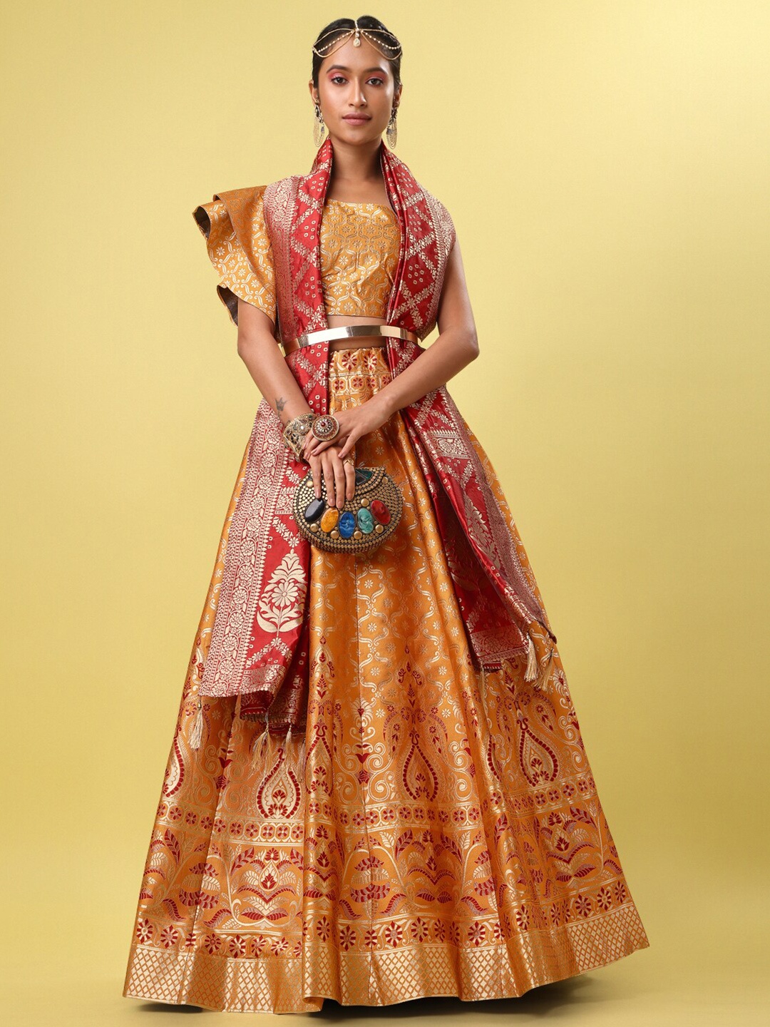 

PURVAJA Woven Design Ready to Wear Lehenga & Unstitched Blouse With Dupatta, Yellow