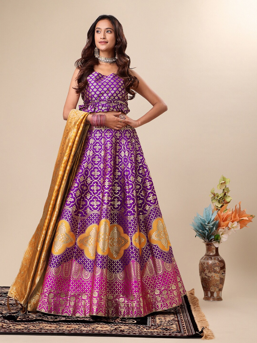

PURVAJA Woven Design Ready to Wear Lehenga & Unstitched Blouse With Dupatta, Purple