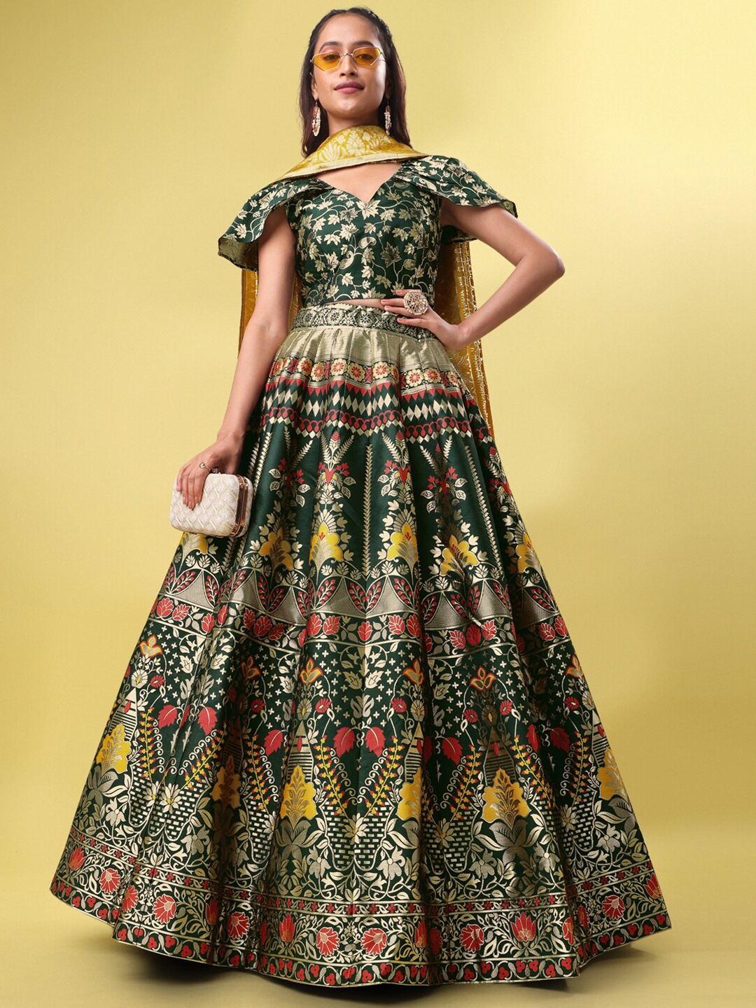 

PURVAJA Woven Design Ready to Wear Lehenga & Unstitched Blouse With Dupatta, Green