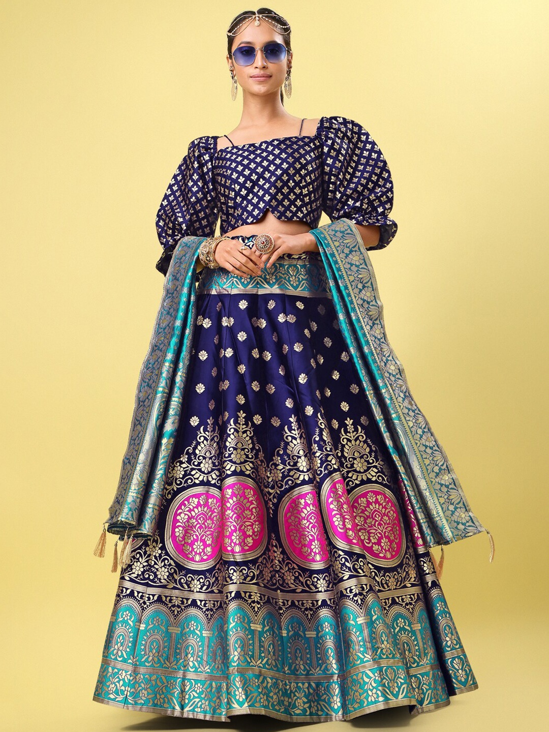 

PURVAJA Ready to Wear Lehenga & Unstitched Blouse With Dupatta, Navy blue