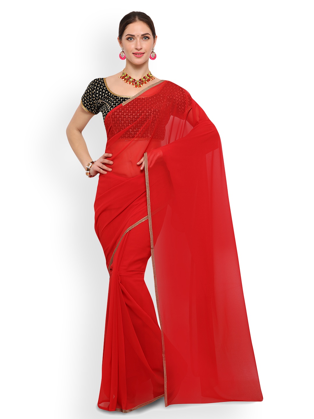 

Saree mall Red Solid Poly Georgette Saree